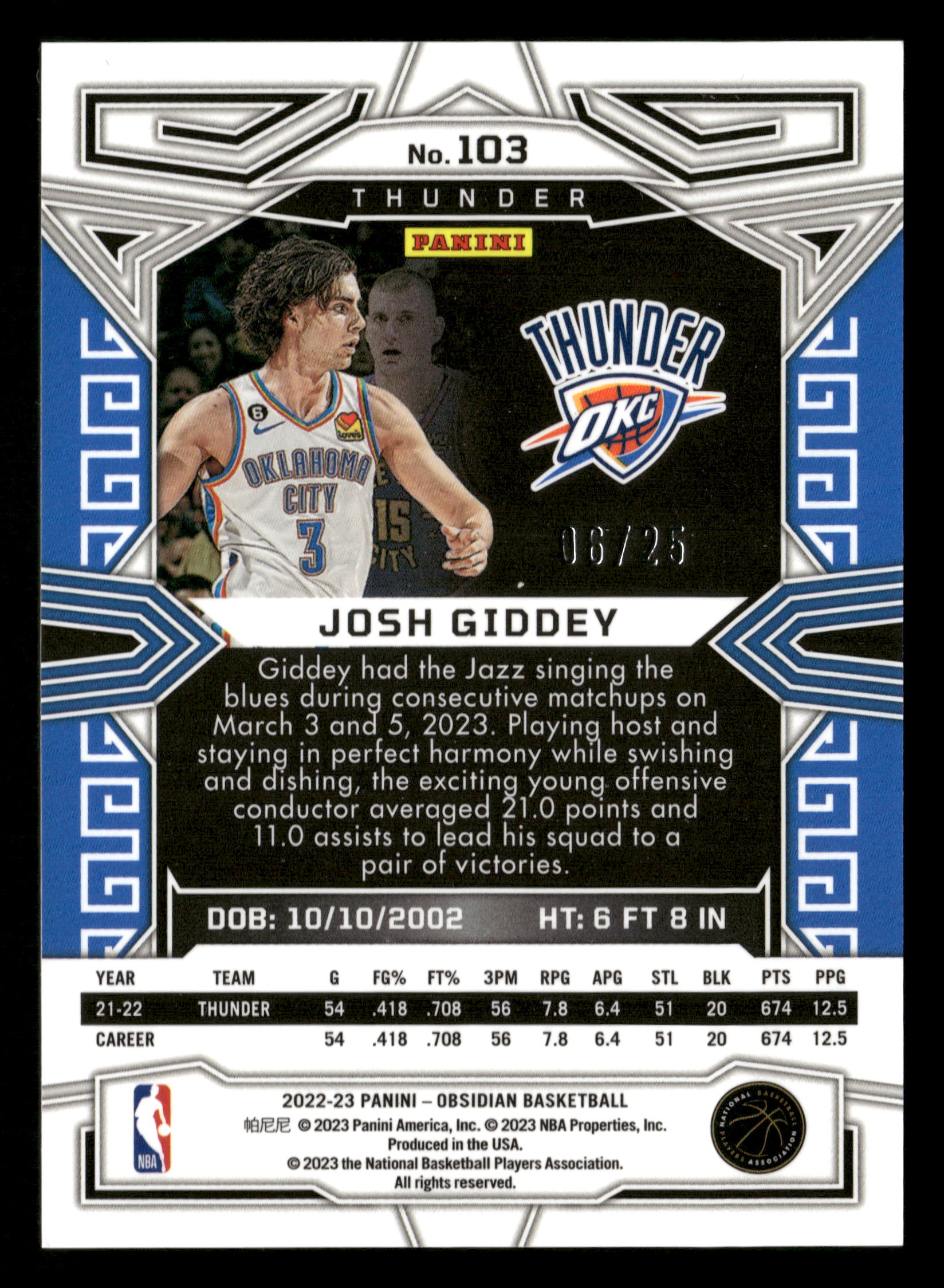 2022-23 Panini Obsidian #103 Josh Giddey Electric Etch Green Flood #/25