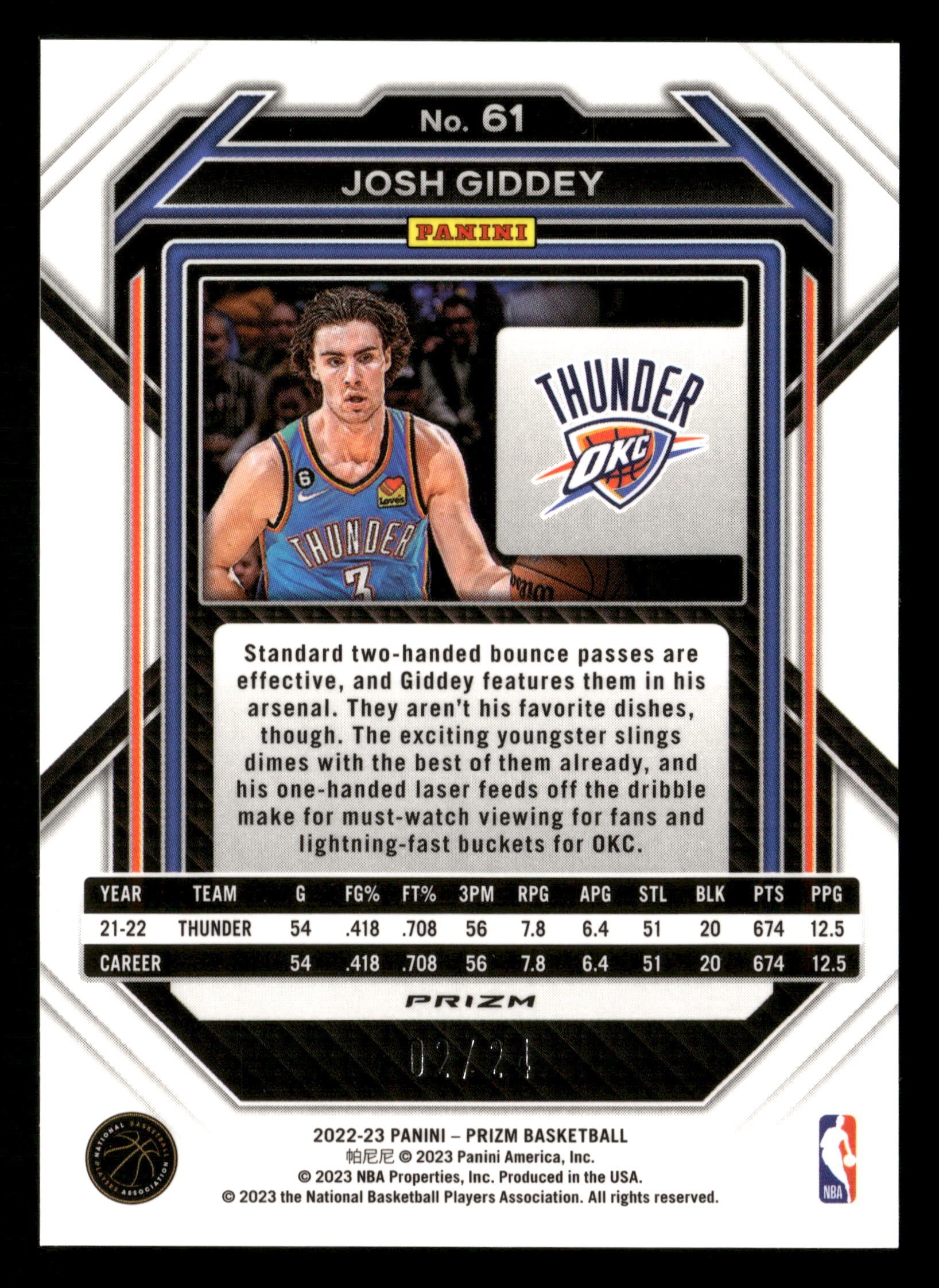 2022-23 Panini Prizm #61 Josh Giddey Prizms Gold Sparkle #/24