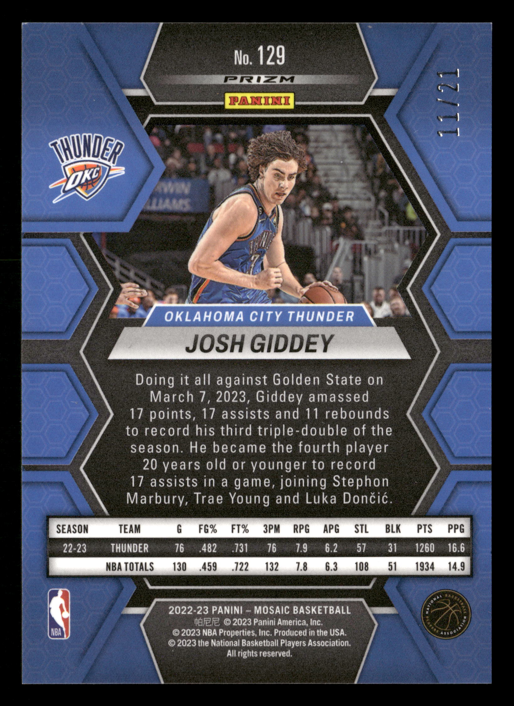 2022-23 Panini Mosaic #129 Josh Giddey Choice Green Fusion #/21