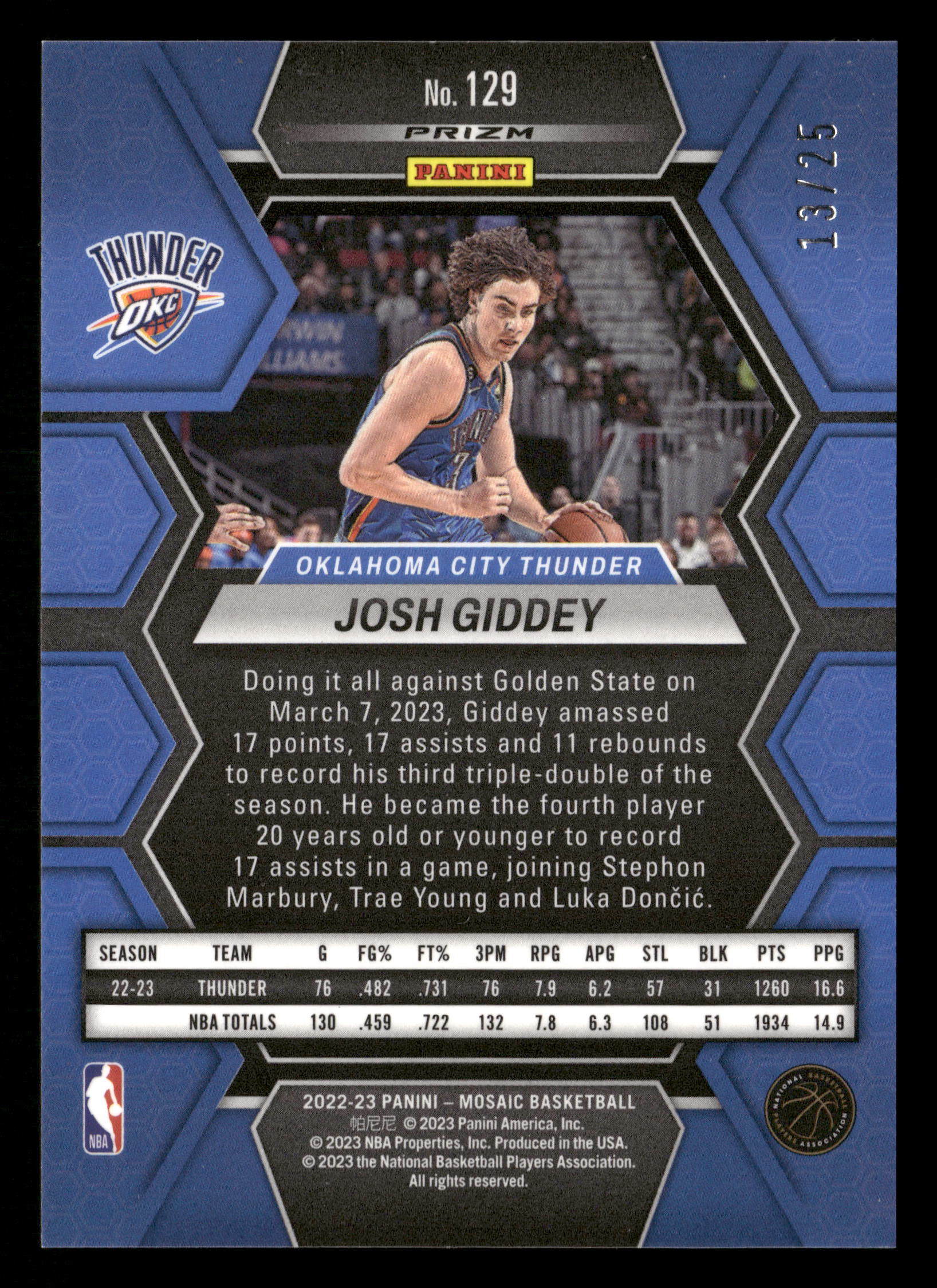 2022-23 Panini Mosaic #129 Josh Giddey Orange Fluorescent #/25