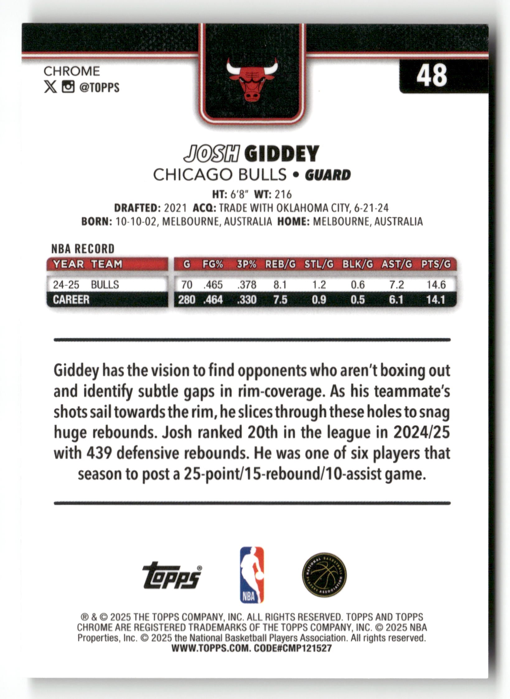 2025-26 Topps Chrome #48 Josh Giddey Black RayWave Refractor #/10