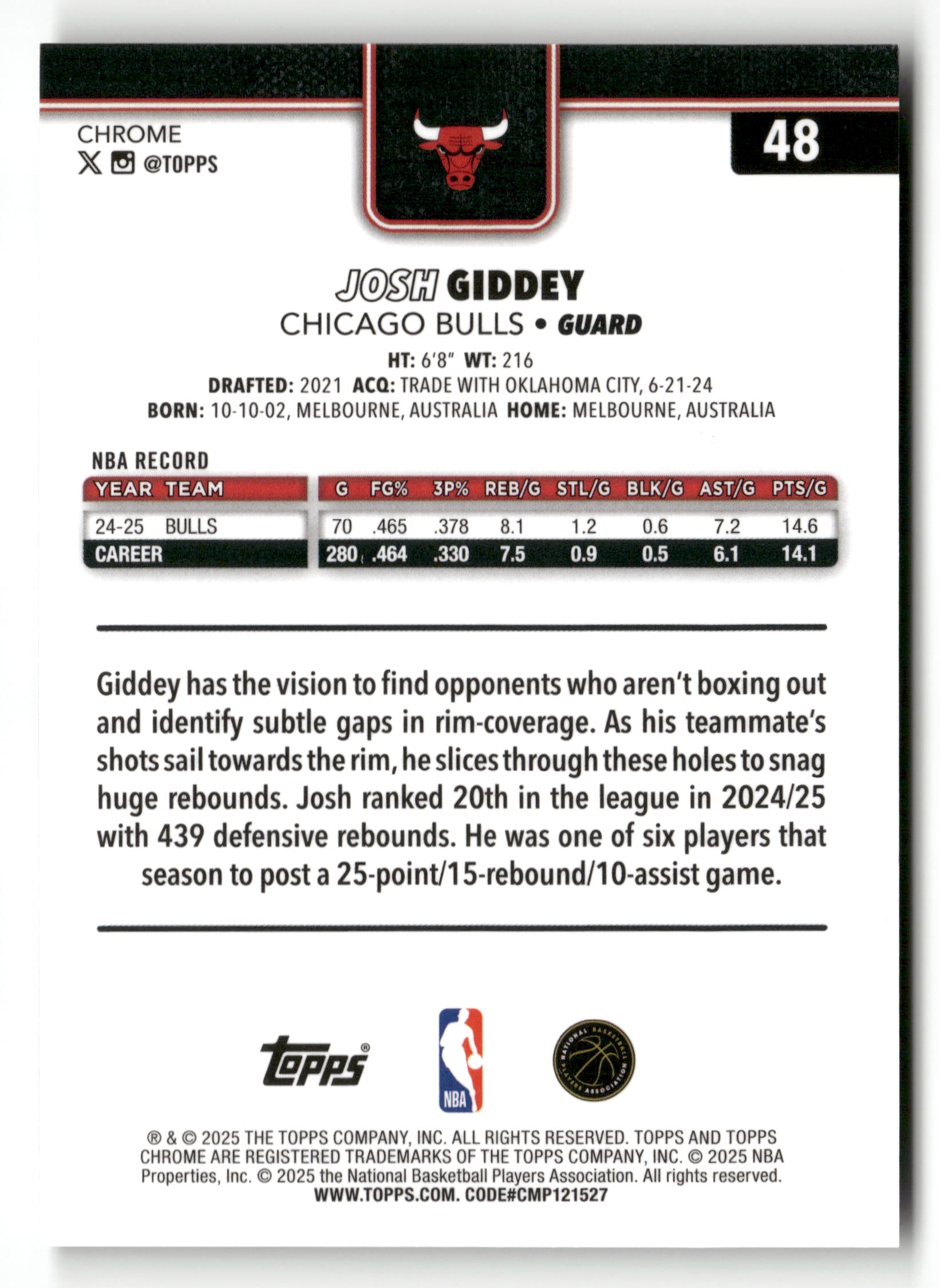 2025-26 Topps Chrome #48 Josh Giddey Black Pulsar Refractor #/10