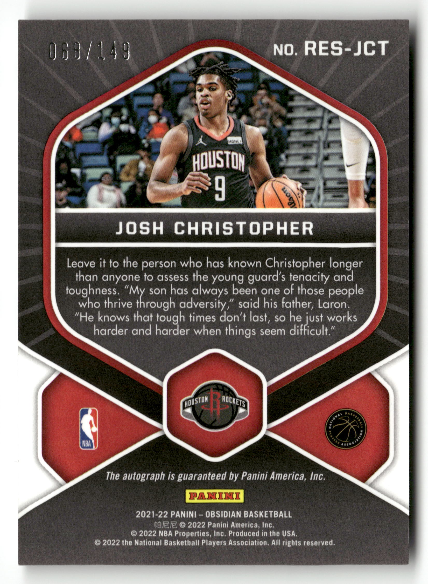 2021-22 Obsidian #RES-JCT Josh Christopher Rookie Eruption Auto #/149