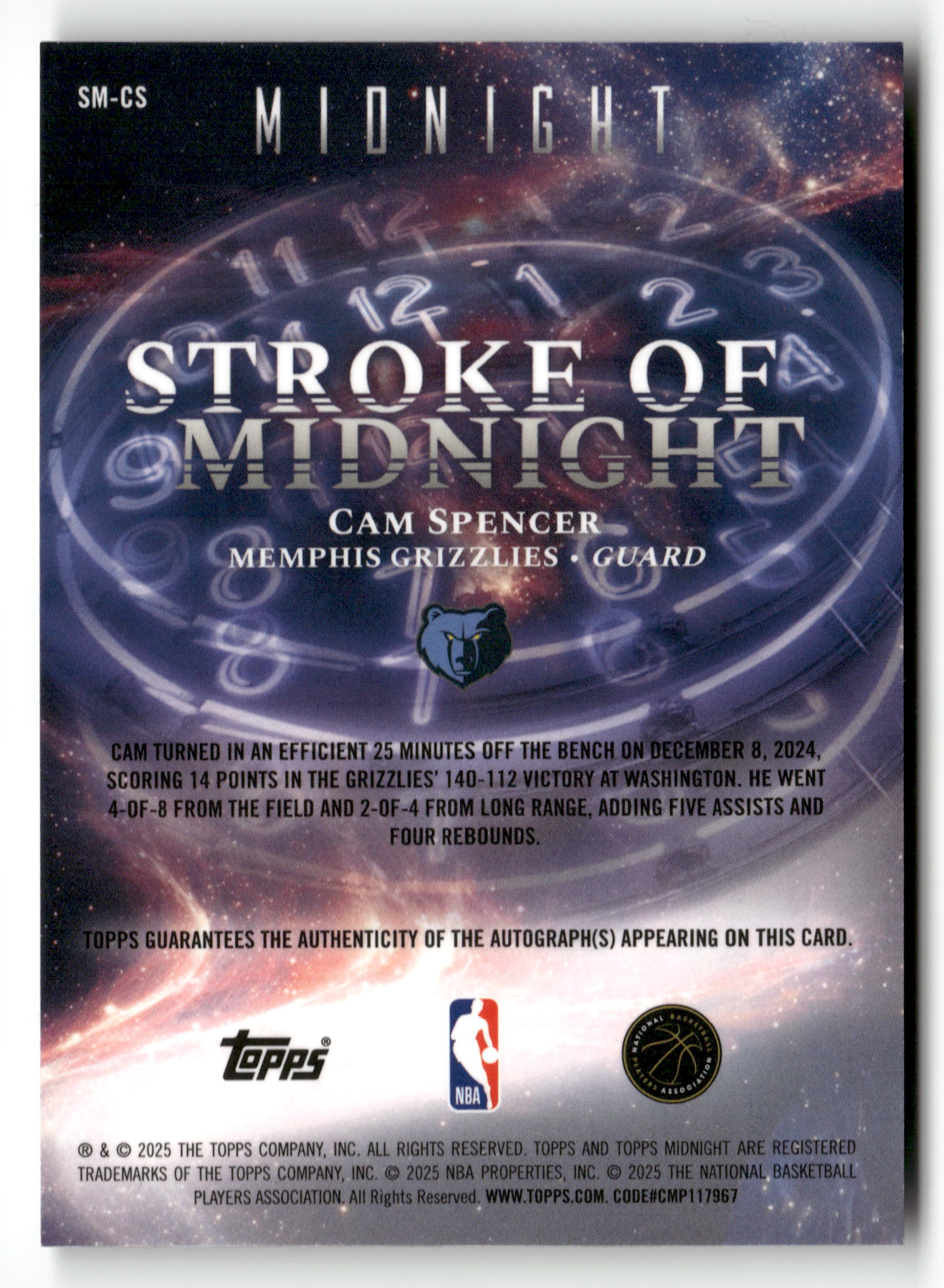 2025-26 Midnight #SM-CS Cam Spencer Stroke of Midnight Auto Daybreak #/5