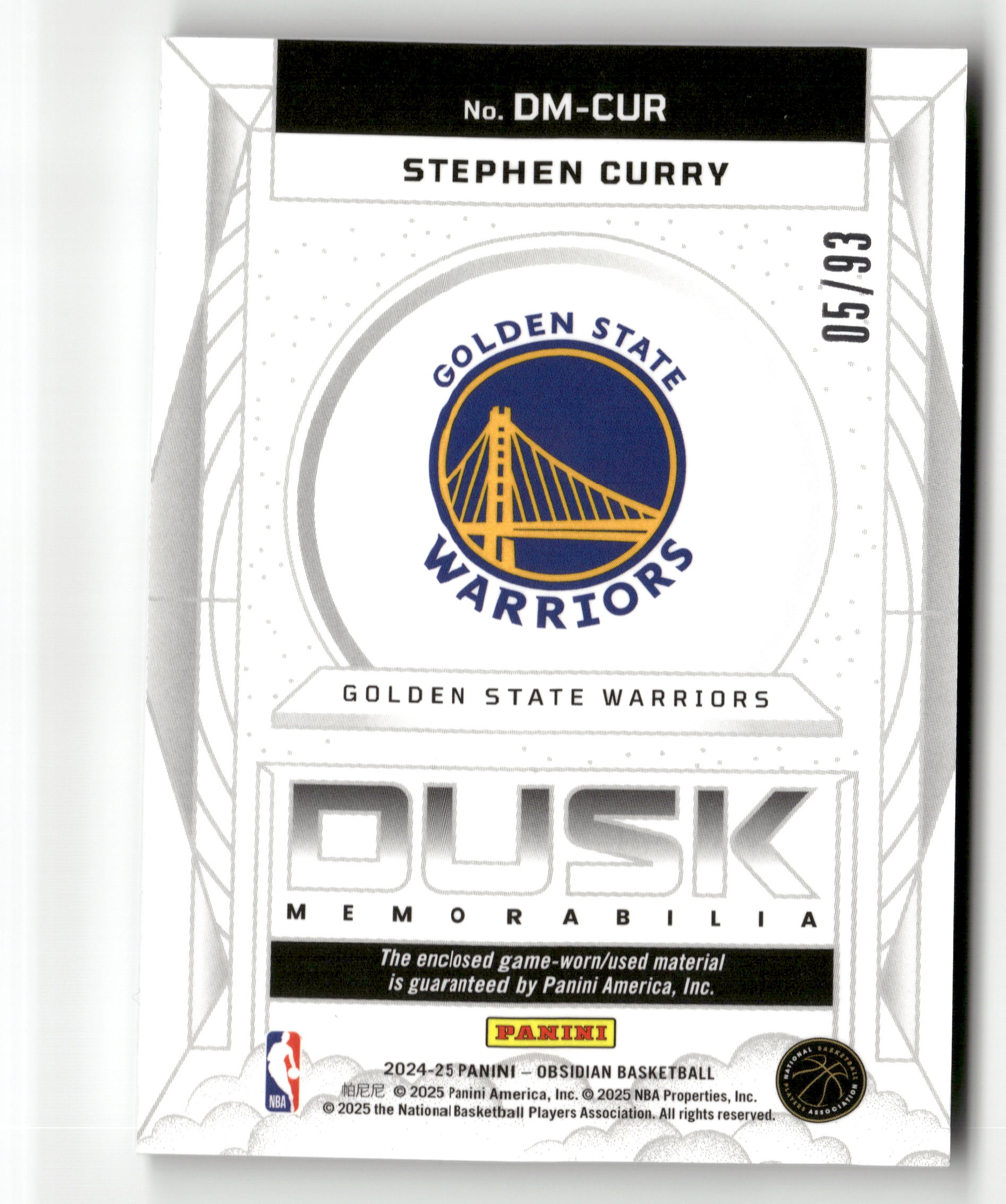 2024-25 Panini Obsidian #DM-CUR Stephen Curry Game-Worn Dusk Memorabilia #/93
