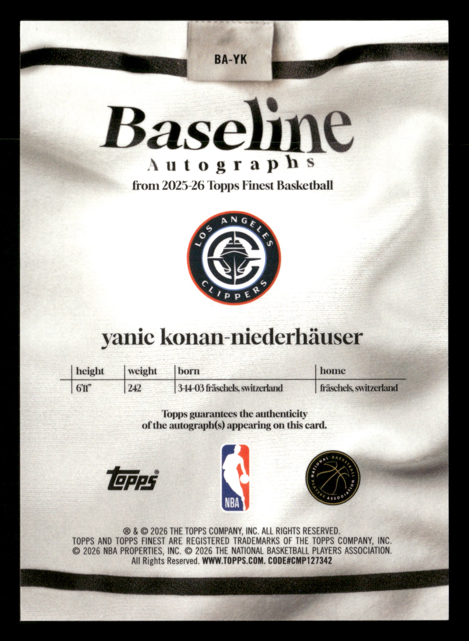 2025-26 Finest Yanic Konan Niederhäuser Baseline Auto Red/Black Vapor #/10