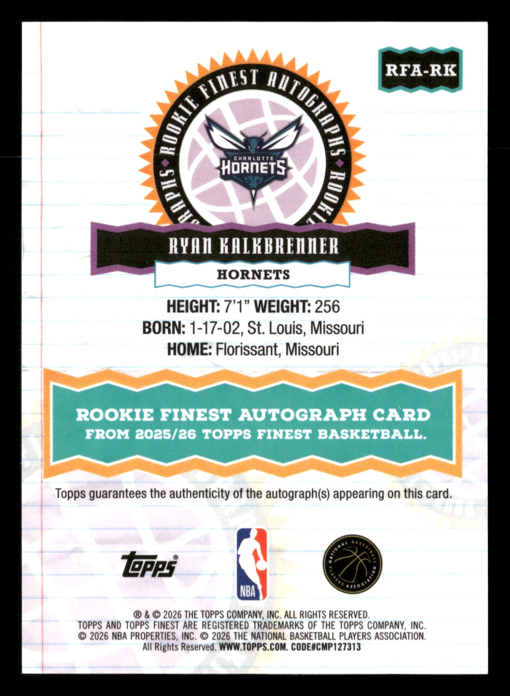2025-26 Finest #RFA-RK Ryan Kalkbrenner Rookies Autograph Blue X-Fractor #/99