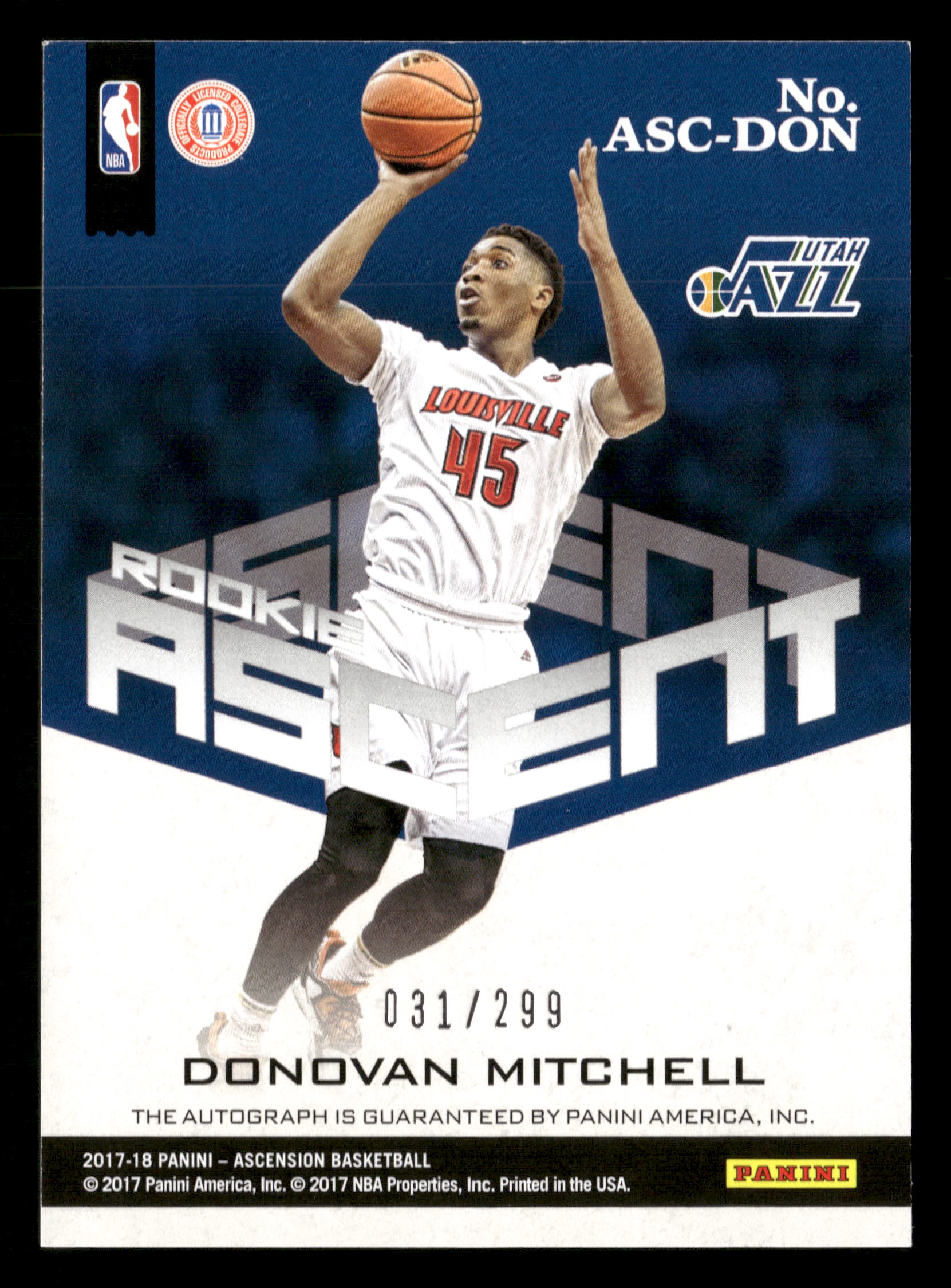 2017-18 Ascension #ASC-DON Donovan Mitchell Rookie Ascent Auto #/299