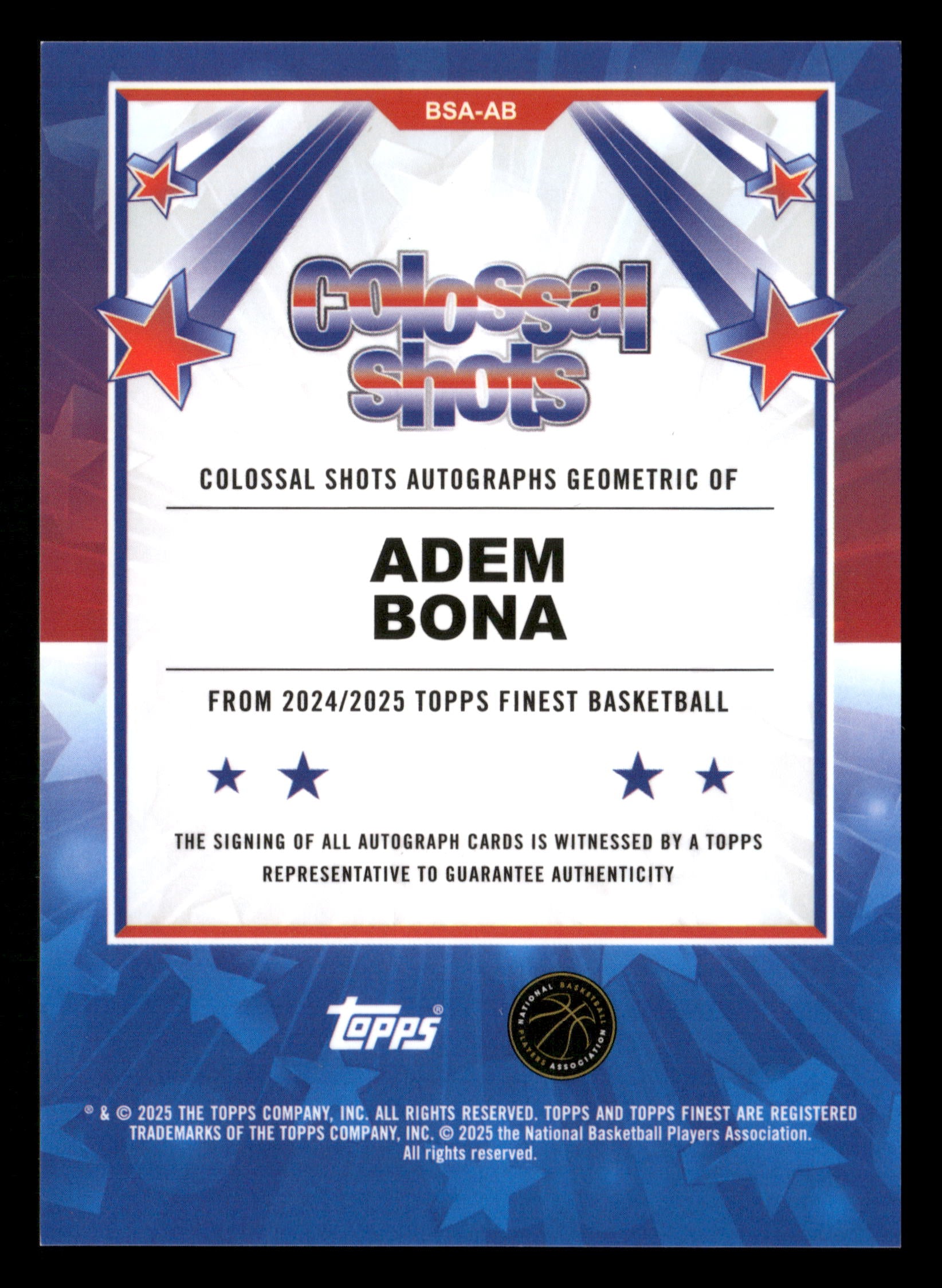 2024-25 Finest #BSA-AB Adem Bona Colossal Shots Auto Geometric Red/Black #/10