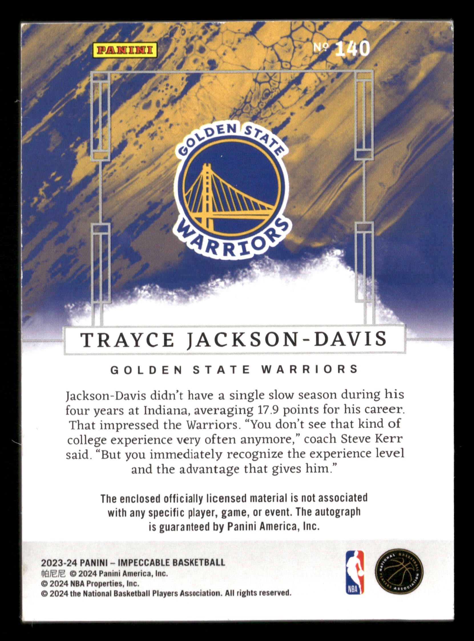 2023-24 Panini Impeccable #140 Trayce Jackson-Davis International #/88