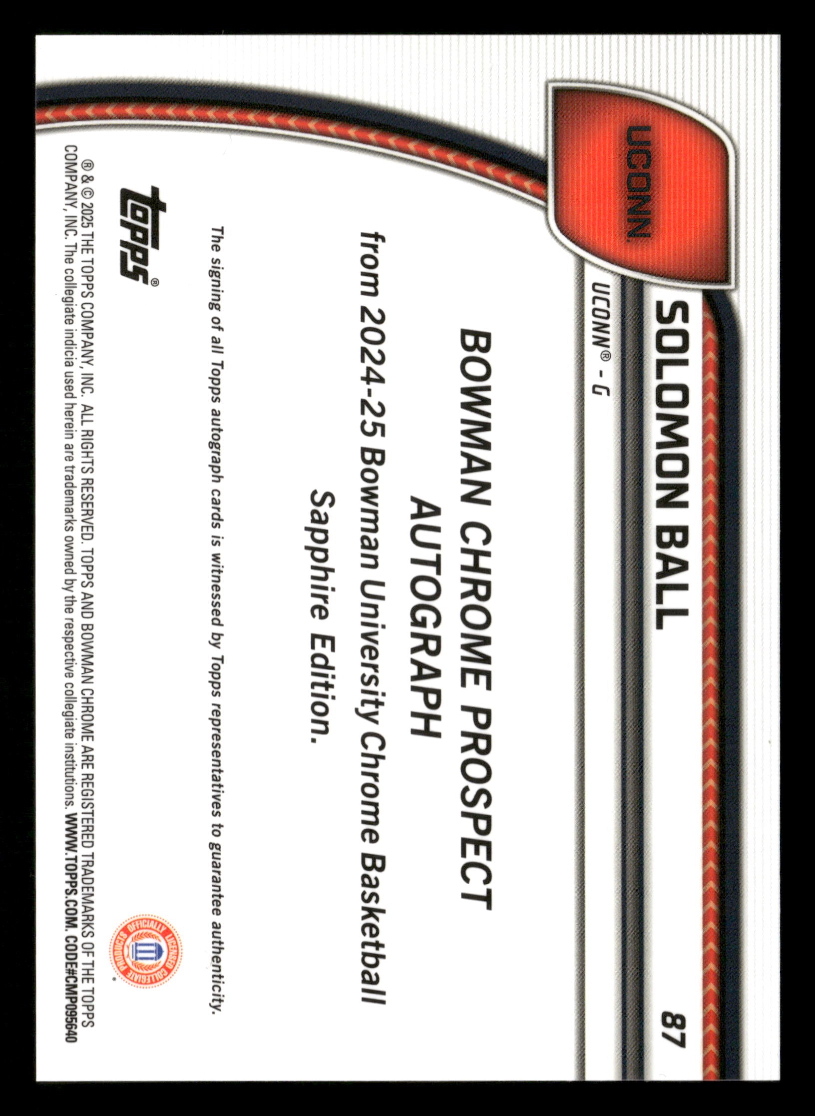 2024-25 Bowman University Chrome Sapphire #87 Solomon Ball Orange #/25