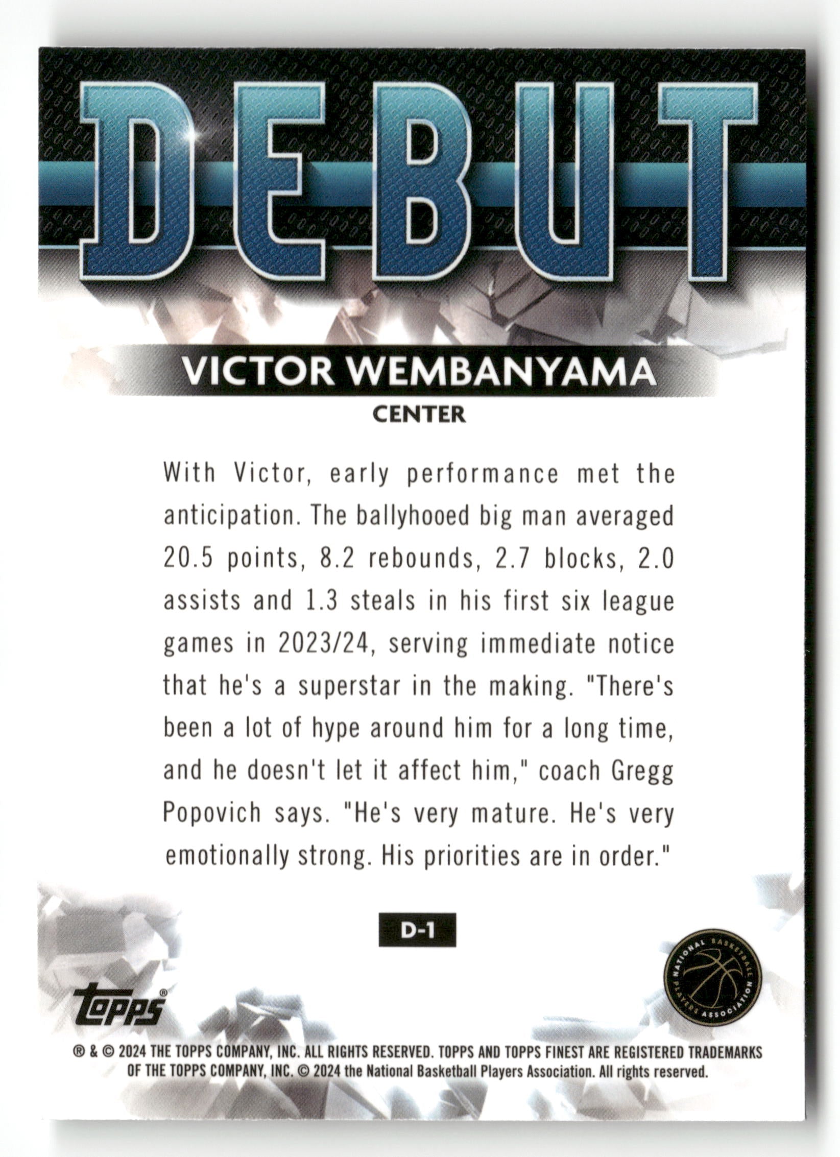 2023-24 Finest #D-1 Victor Wembanyama Debut Checkerboard Refractors
