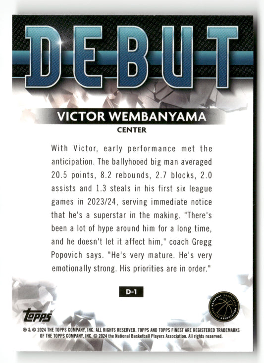 2023-24 Finest #D-1 Victor Wembanyama Debut Checkerboard Refractors
