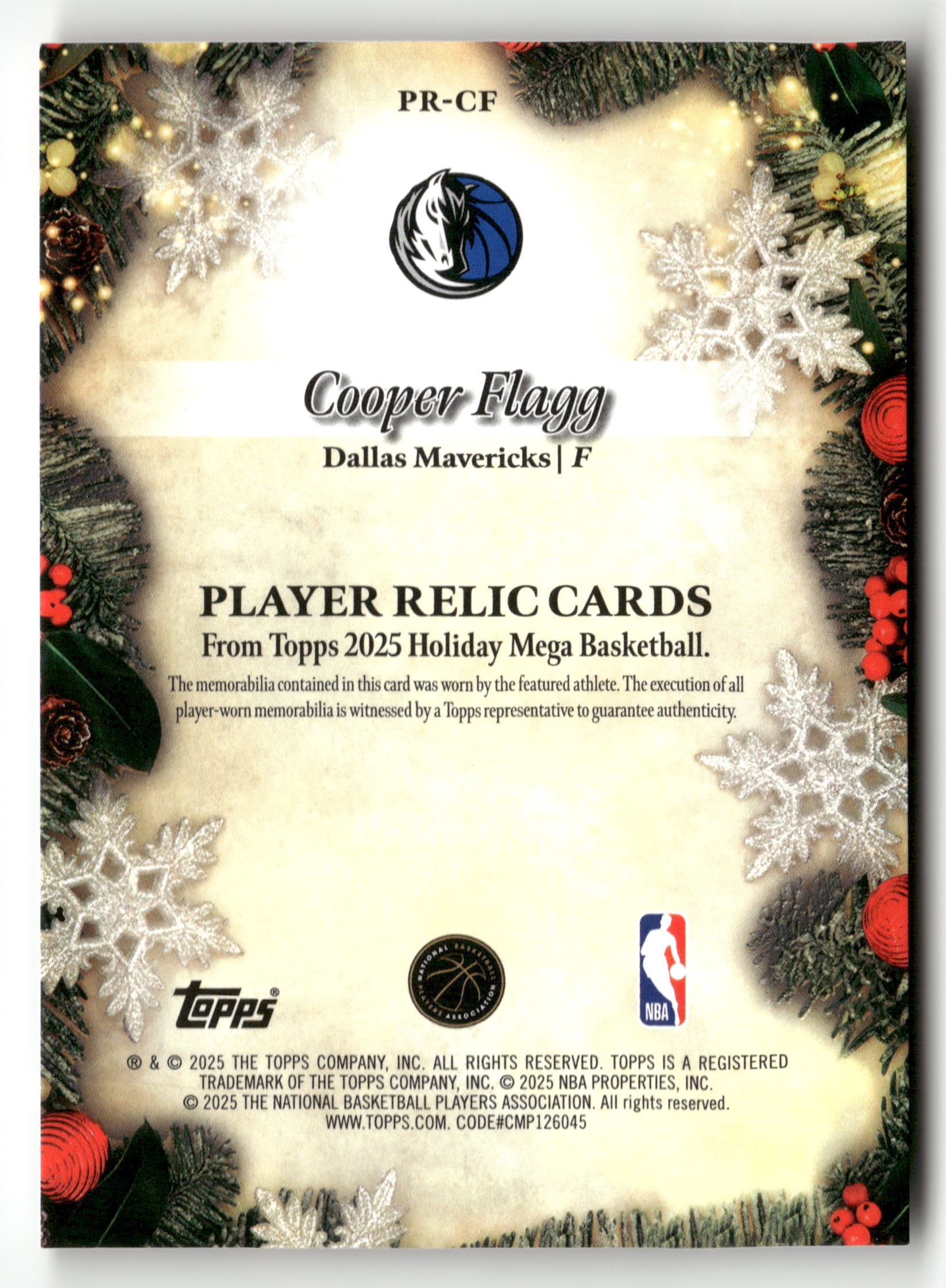 2025-26 Topps Holiday #PR-CF Cooper Flagg Player Worn Relic