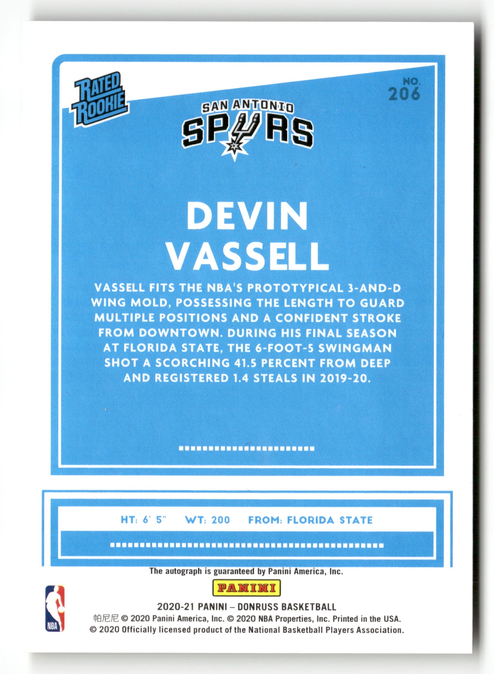2020-21 Donruss #206 Devin Vassell Rated Rookies Auto Choice Black Gold #/8