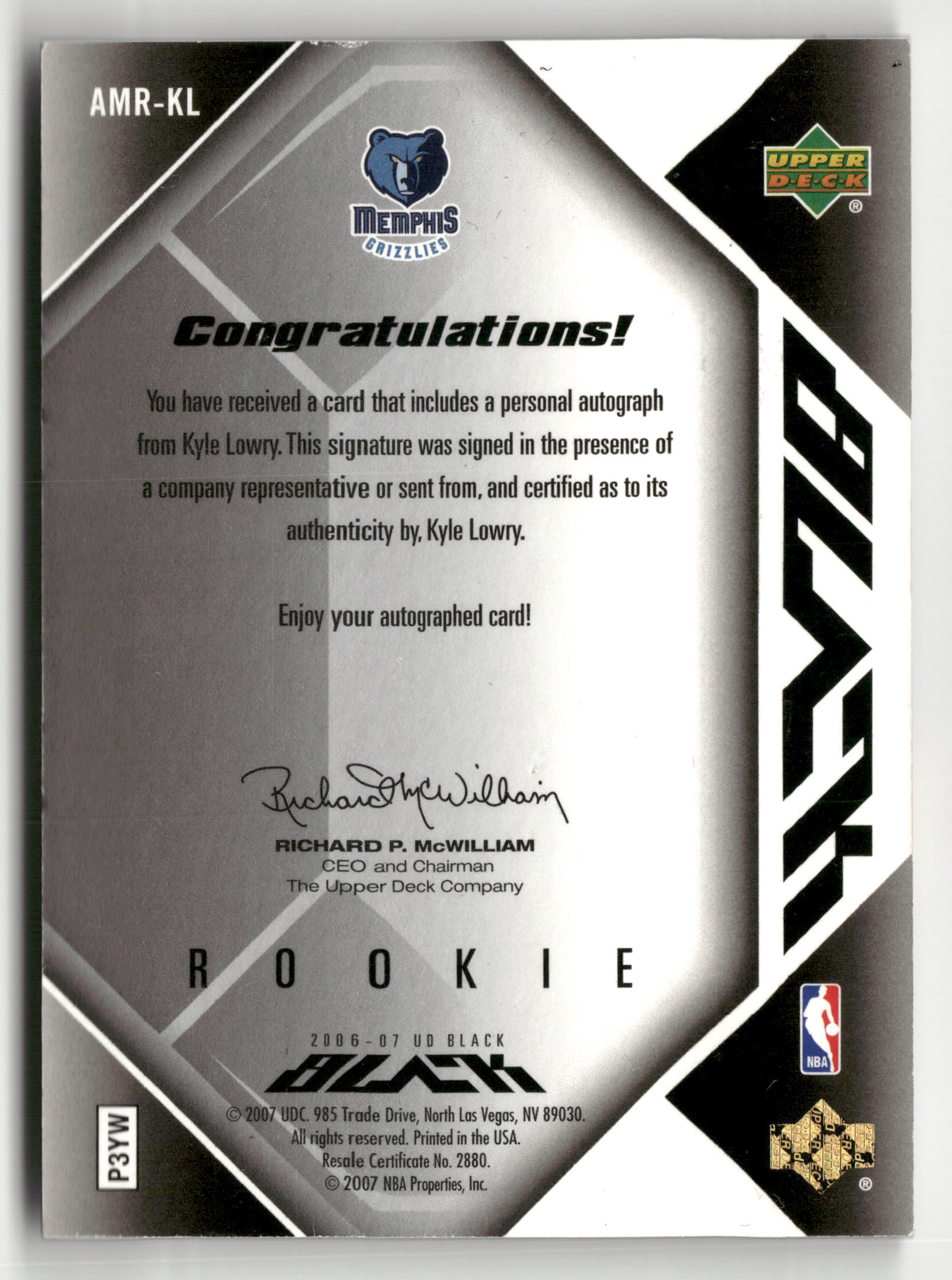 2006-07 UD Black #AMR-KL Kyle Lowry Autographs Rookie Materials #/50
