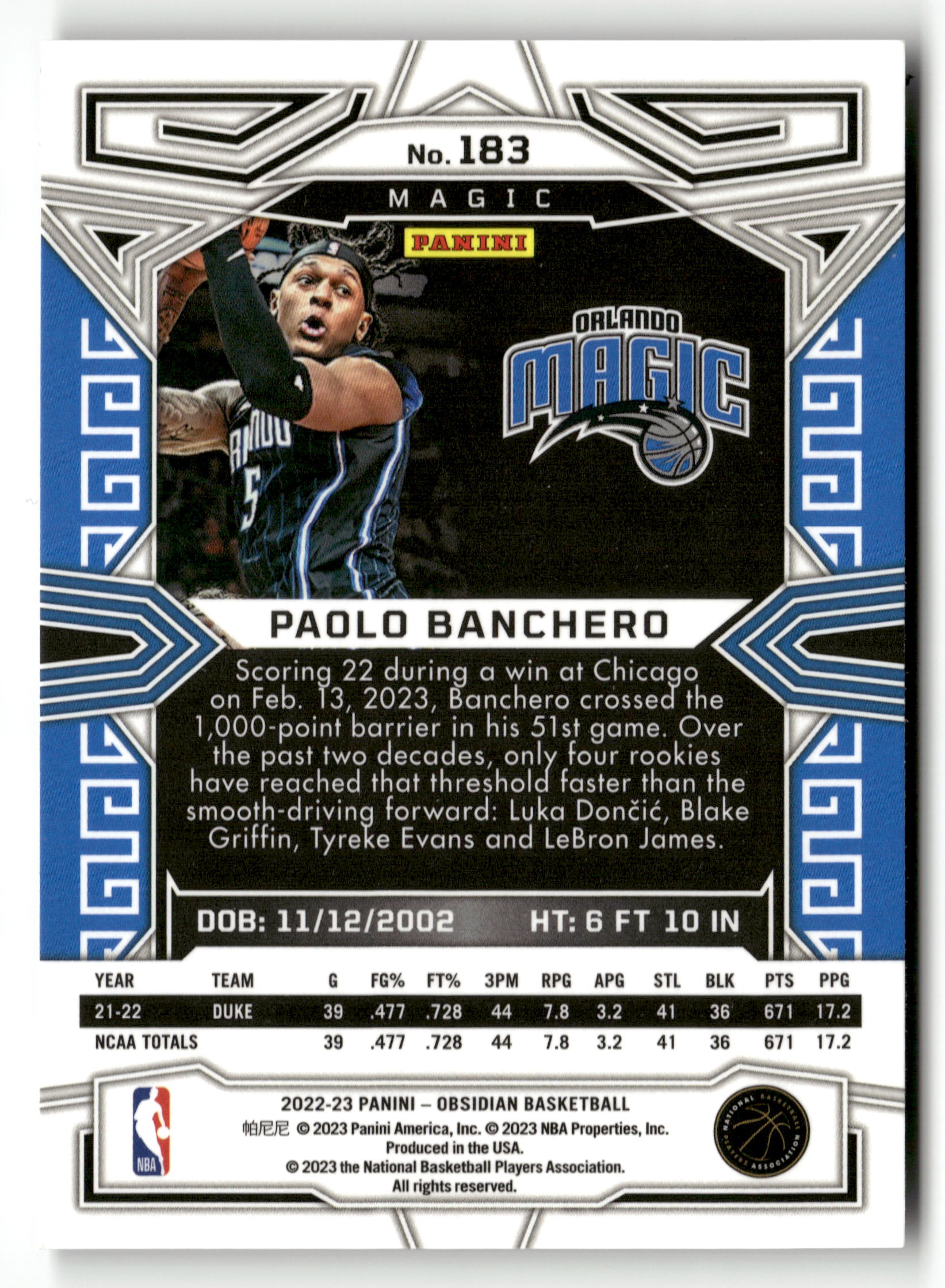 2022-23 Panini Obsidian #183 Paolo Banchero
