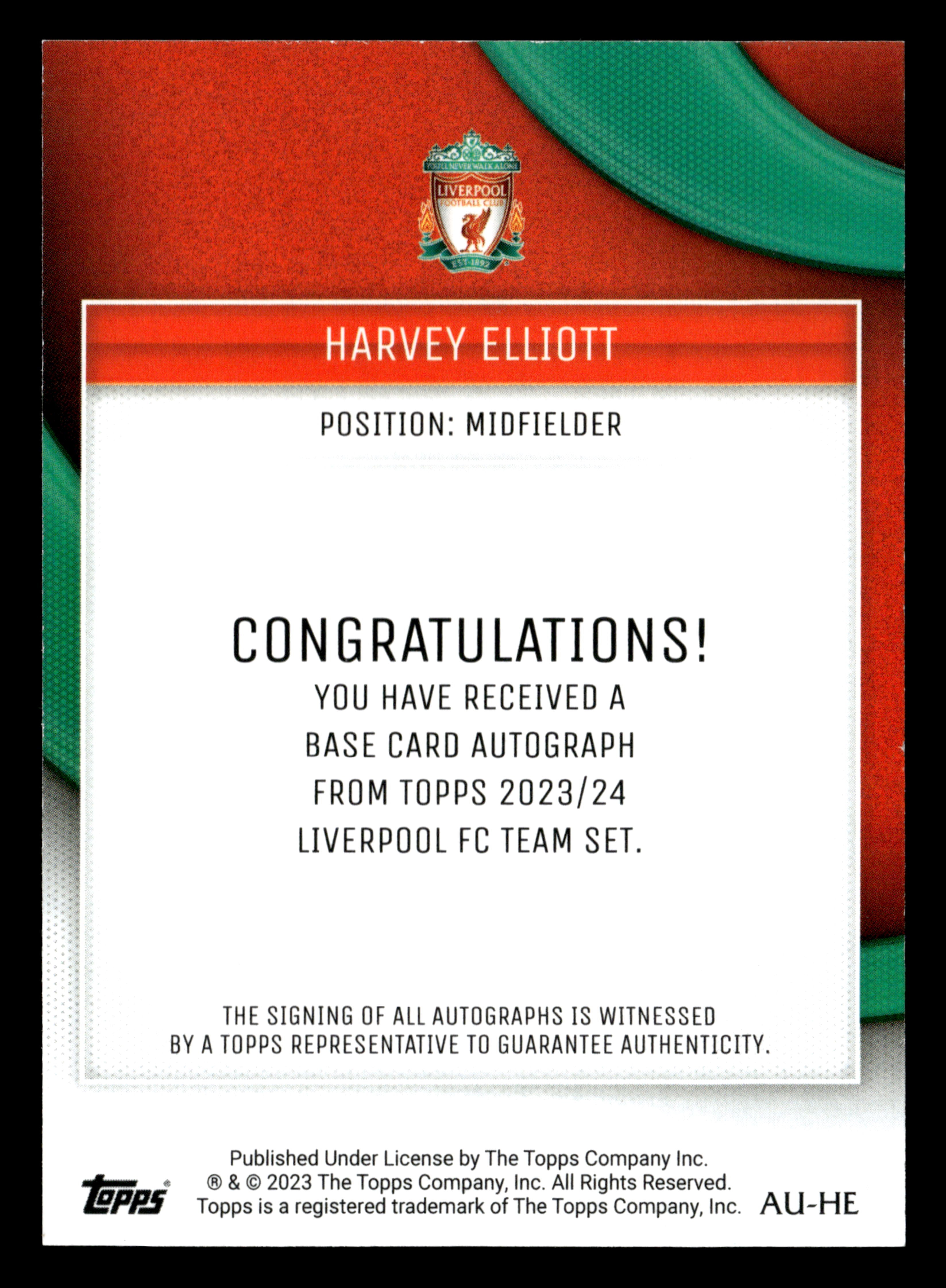 2023-24 Topps Liverpool Team Set #AU-HE Harvey Elliott Autographs Pink Foil /99