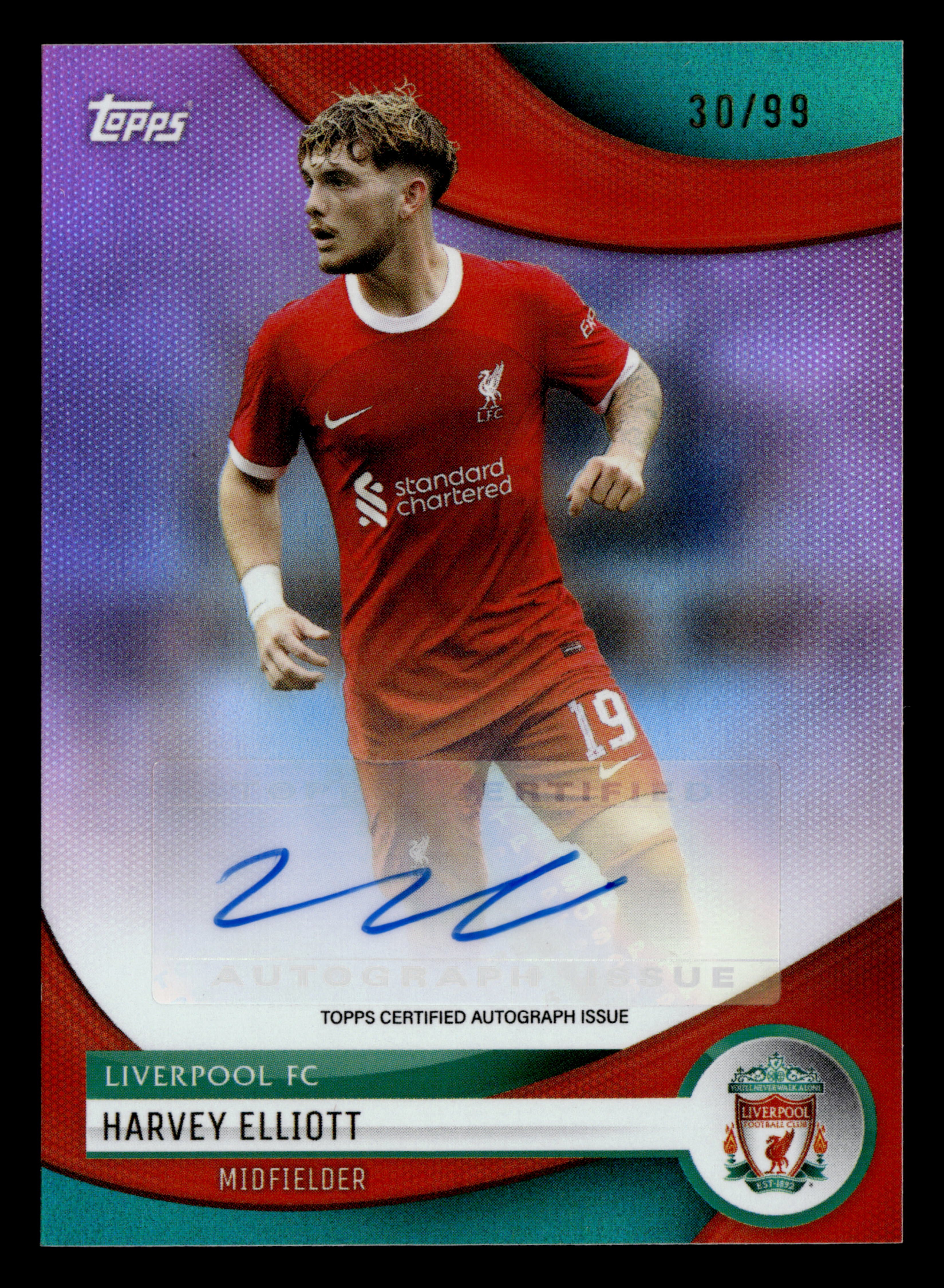 2023-24 Topps Liverpool Team Set #AU-HE Harvey Elliott Autographs Pink Foil /99
