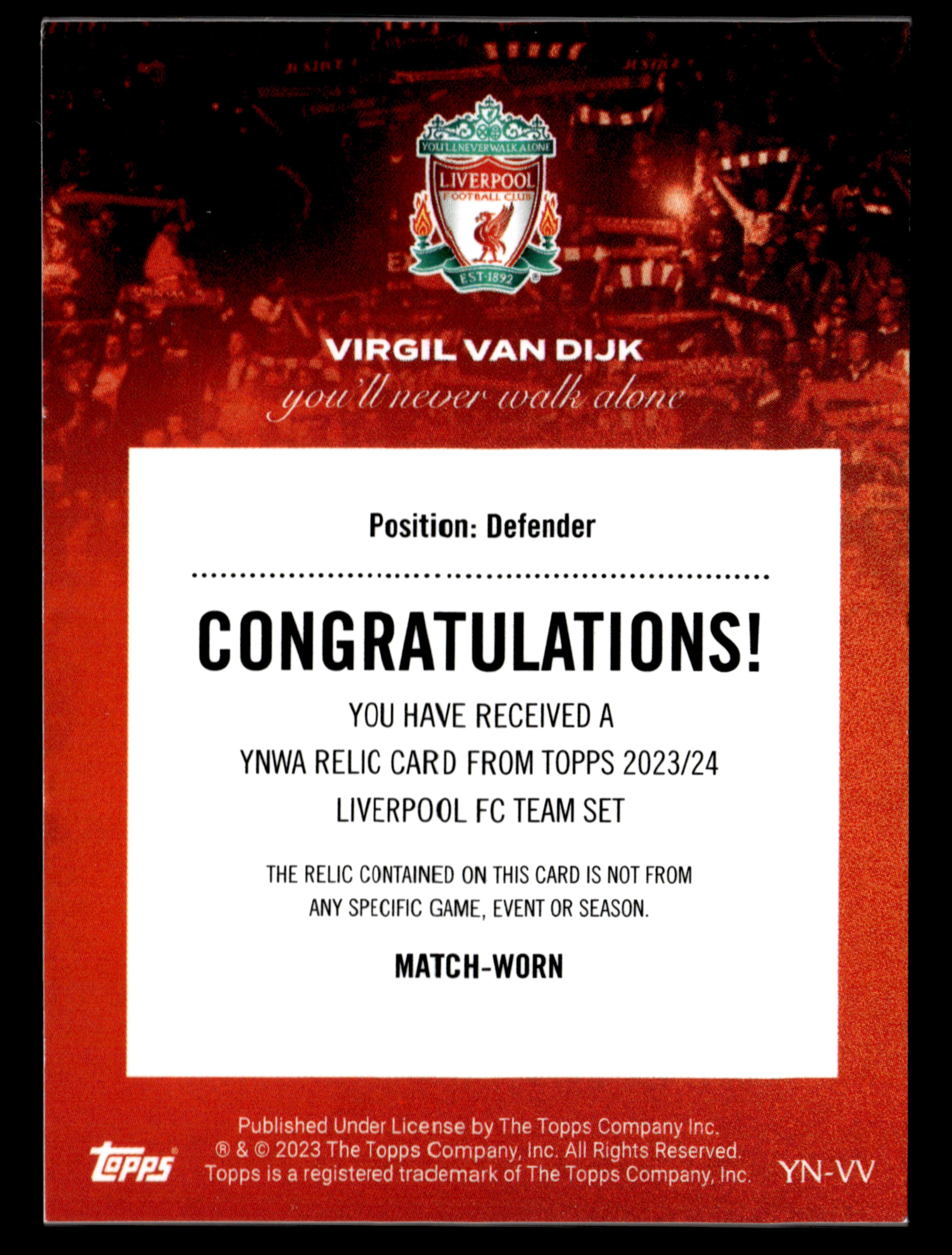 2023-24 Topps Liverpool Team Set #YN-VV Virgil Van Dijk YNWA Relics