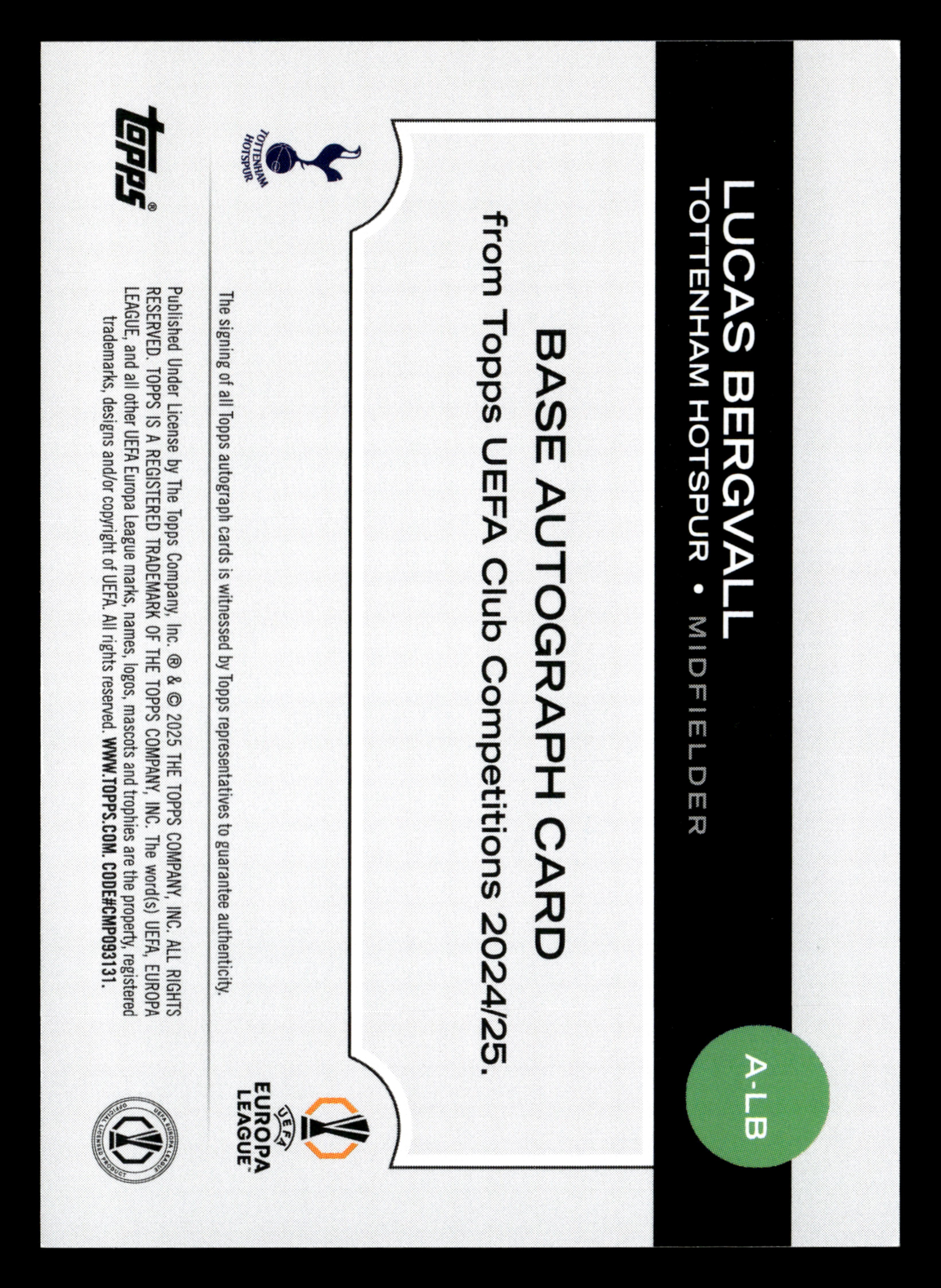 2024-25 Topps UEFA Club Competitions #A-LB Lucas Bergvall Base Autographs