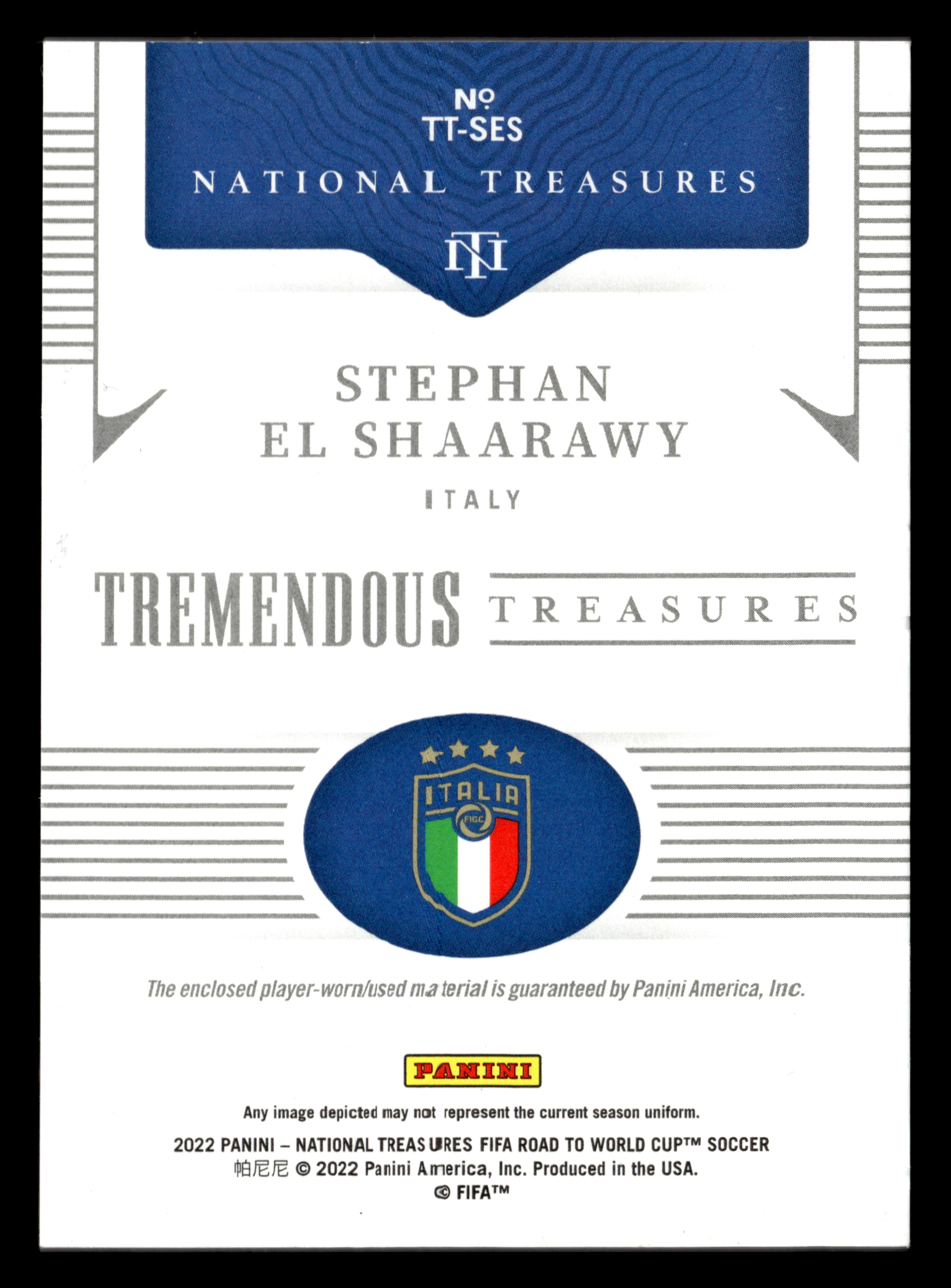 22 Panini National Treasures FIFA RtWC #TT-SES Stephan El Shaarawy Sapphire #/49