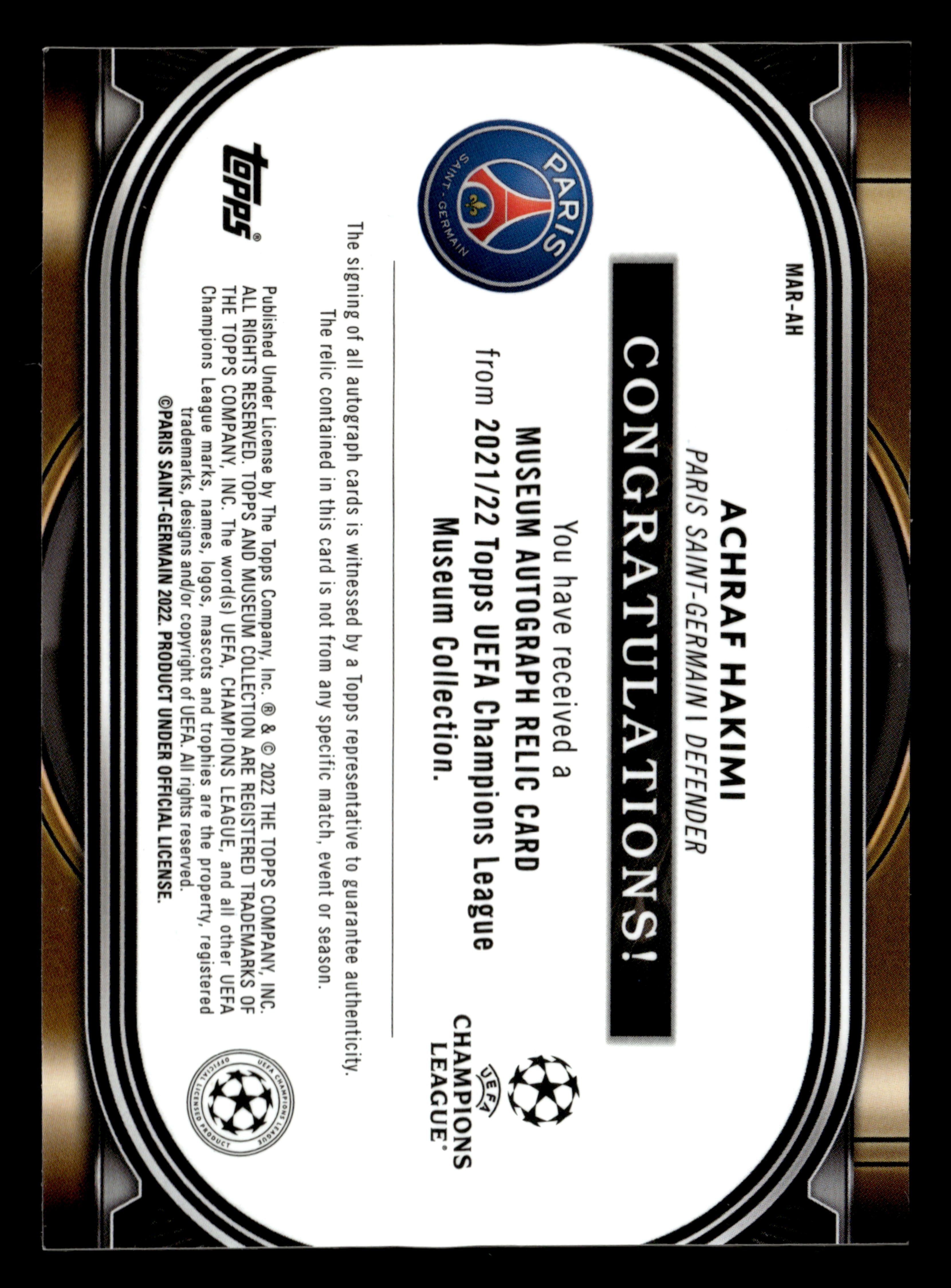 21-22 Topps Museum Collection UCL #MAR-AH Achraf Hakimi Museum Auto Relics /250
