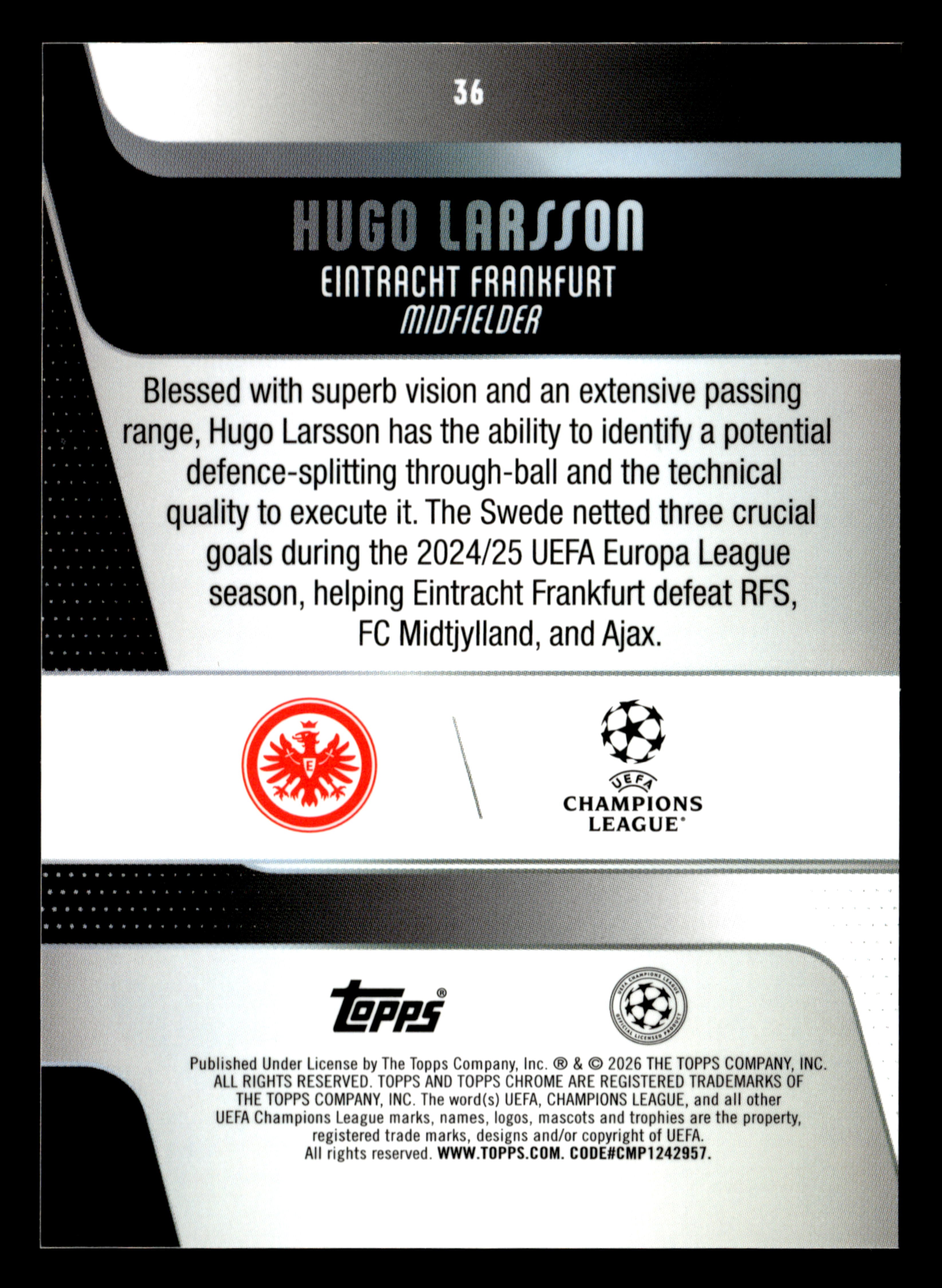2025-26 Topps Chrome UCC #36 Hugo Larsson Orange Geometric #/25