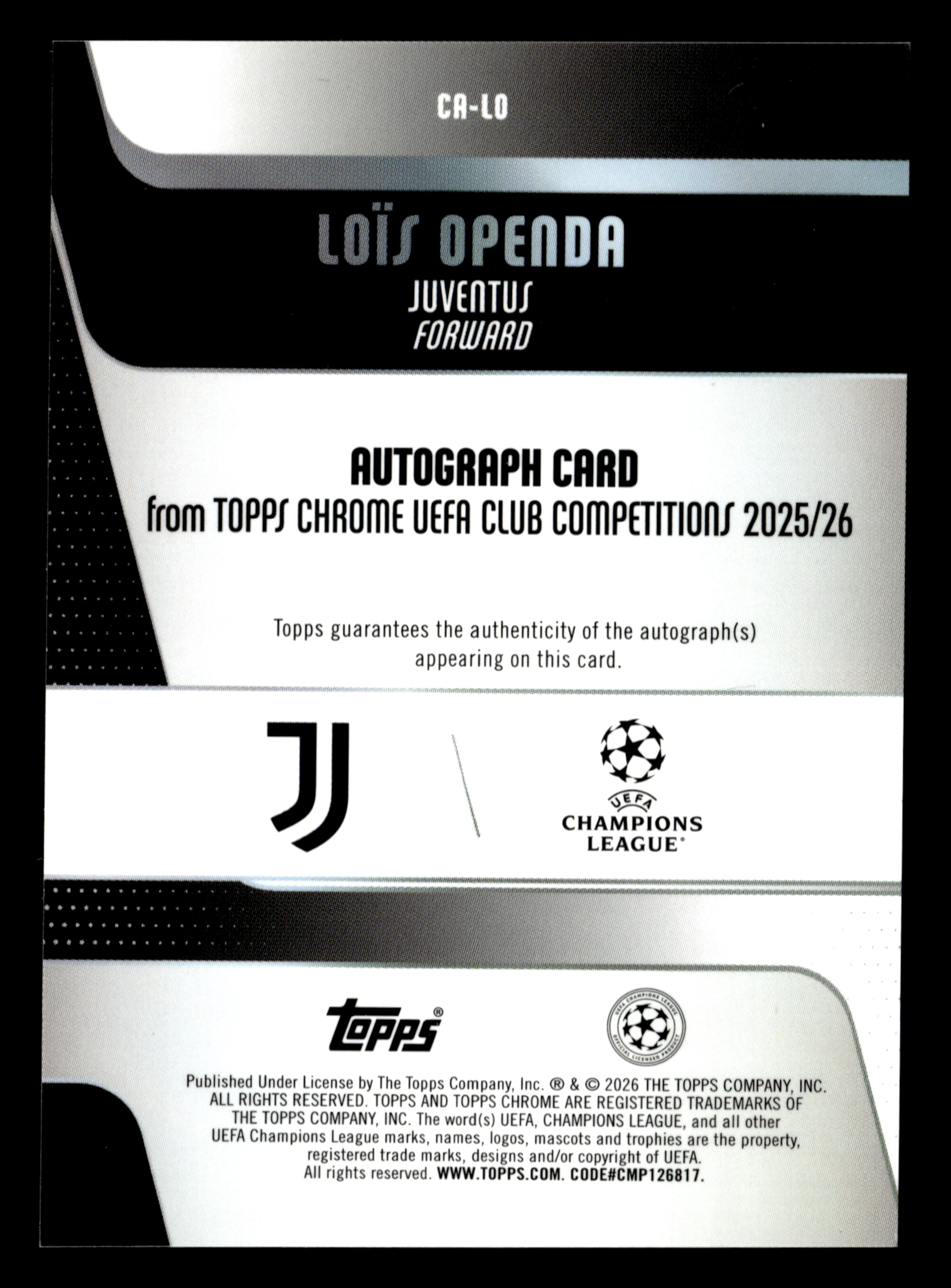 2025-26 Topps Chrome UEFA Club Competitions #CA-LO Loïs Openda Chrome Auto