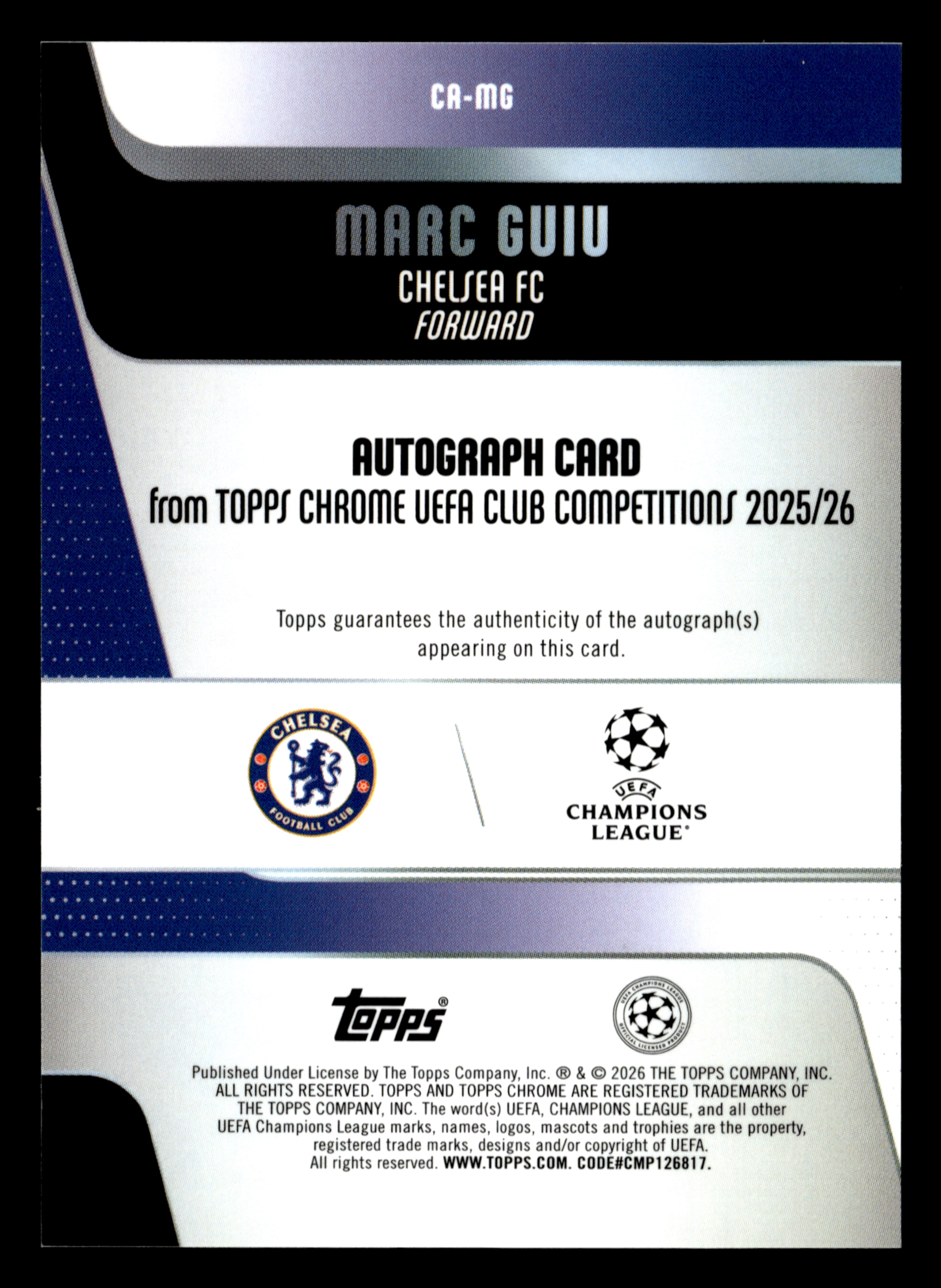 2025-26 Topps Chrome UEFA Club Competitions #CA-MG Marc Guiu Chrome Autographs