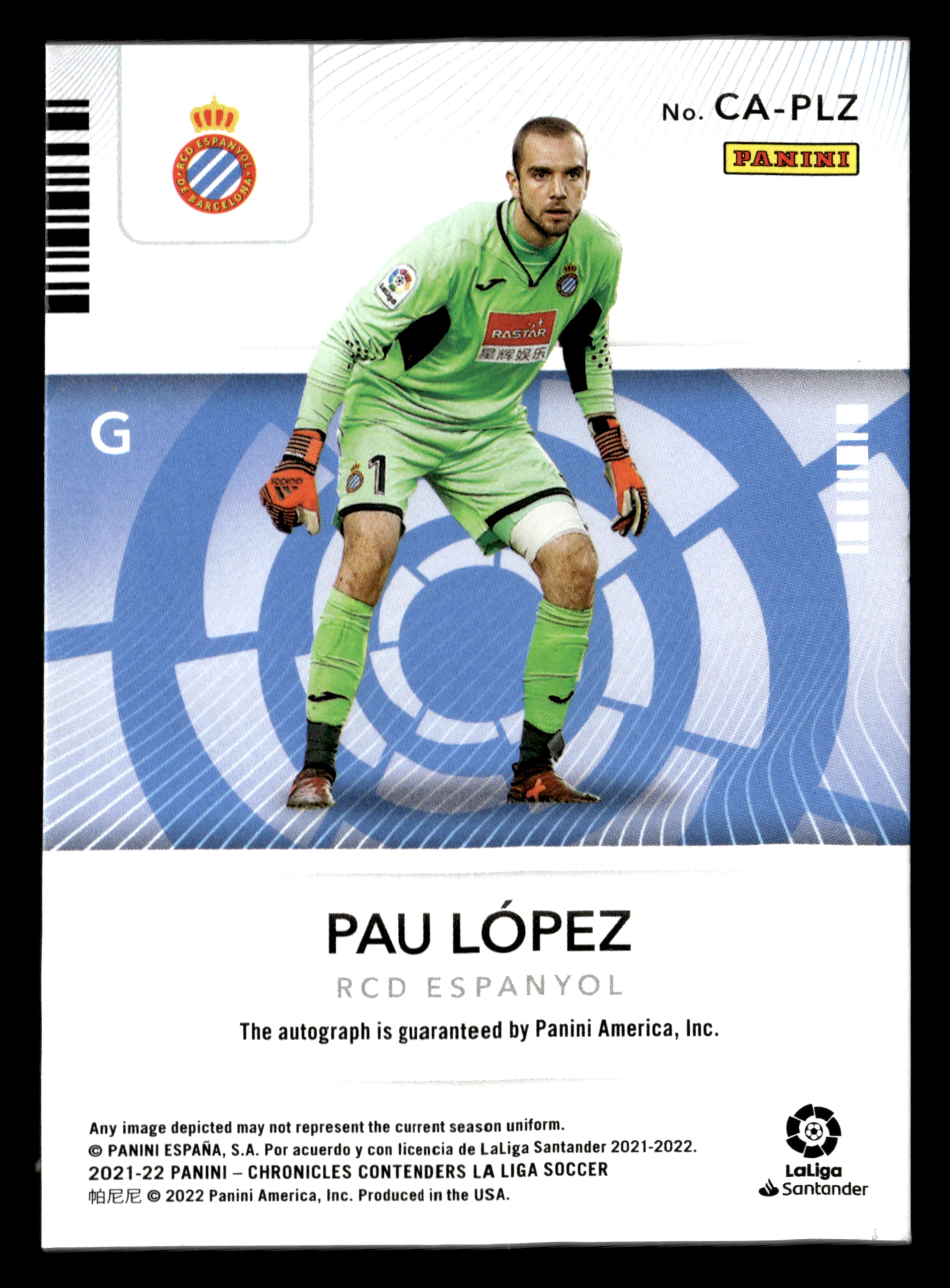 2021-22 Panini Chronicles #CA-PLZ Pau Lopez Contenders Autographs La Liga #/389