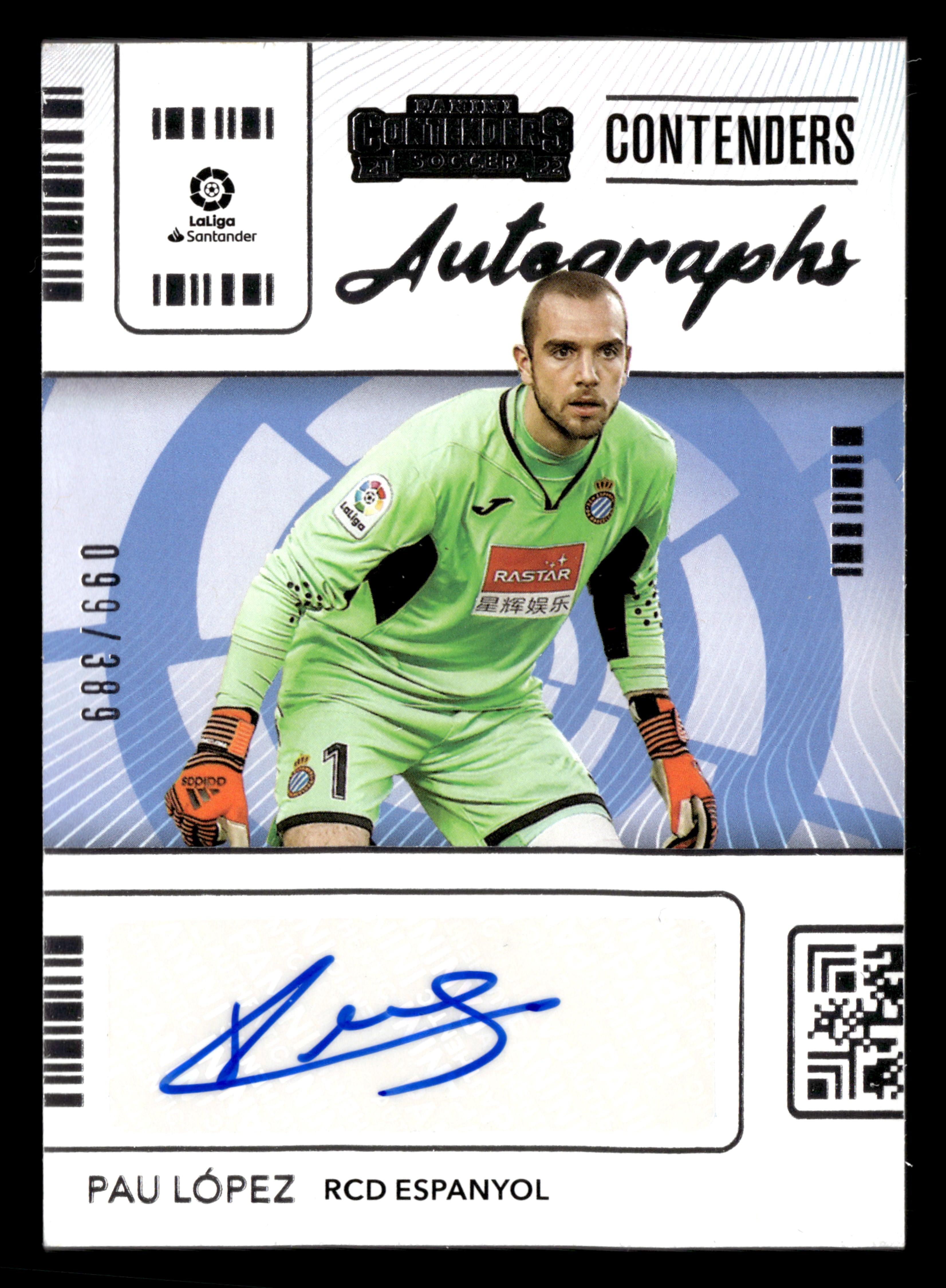 2021-22 Panini Chronicles #CA-PLZ Pau Lopez Contenders Autographs La Liga #/389