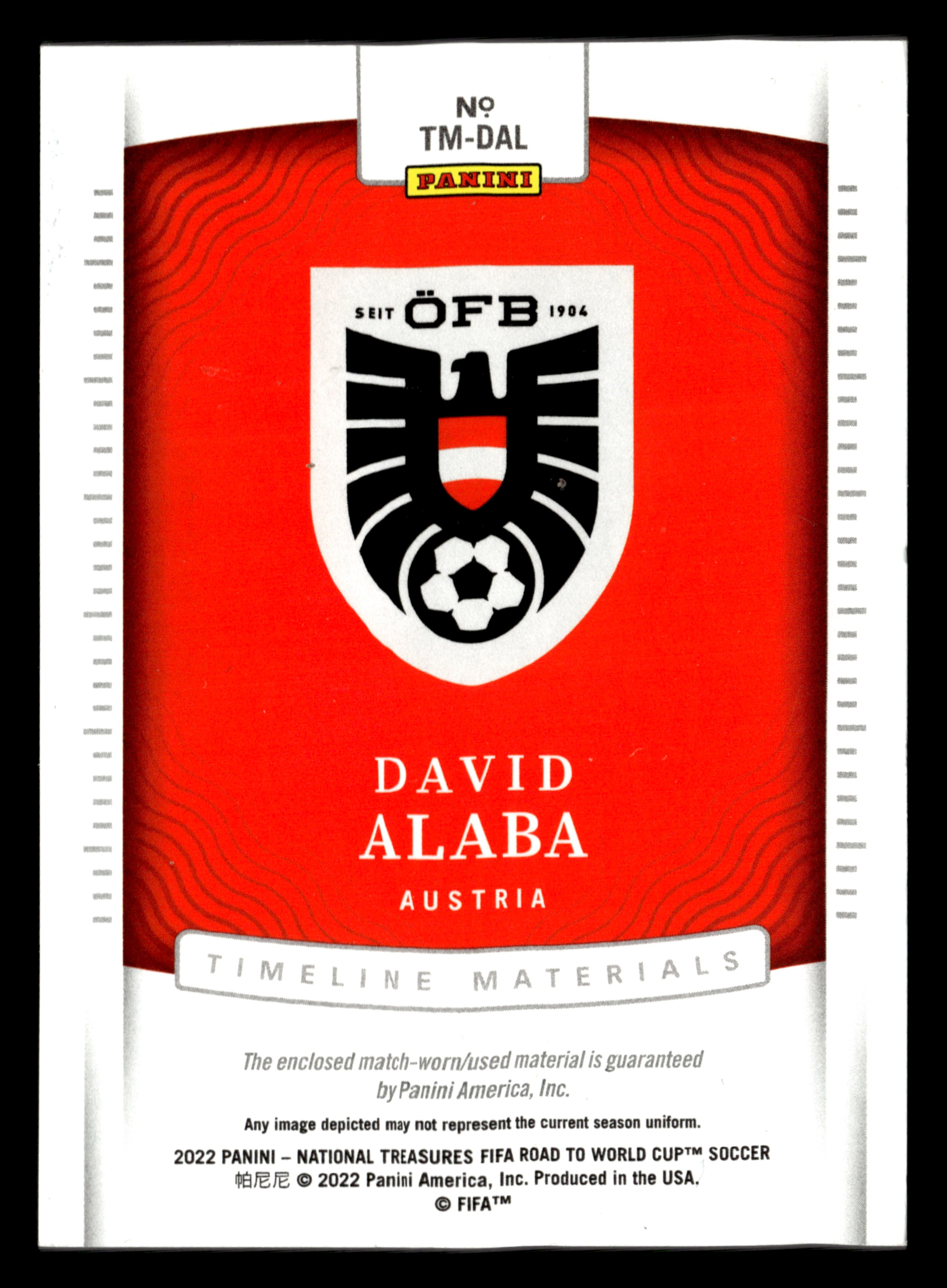 2022 Panini NT FIFA RtWC #TM-DAL David Alaba Timeline Materials #/49