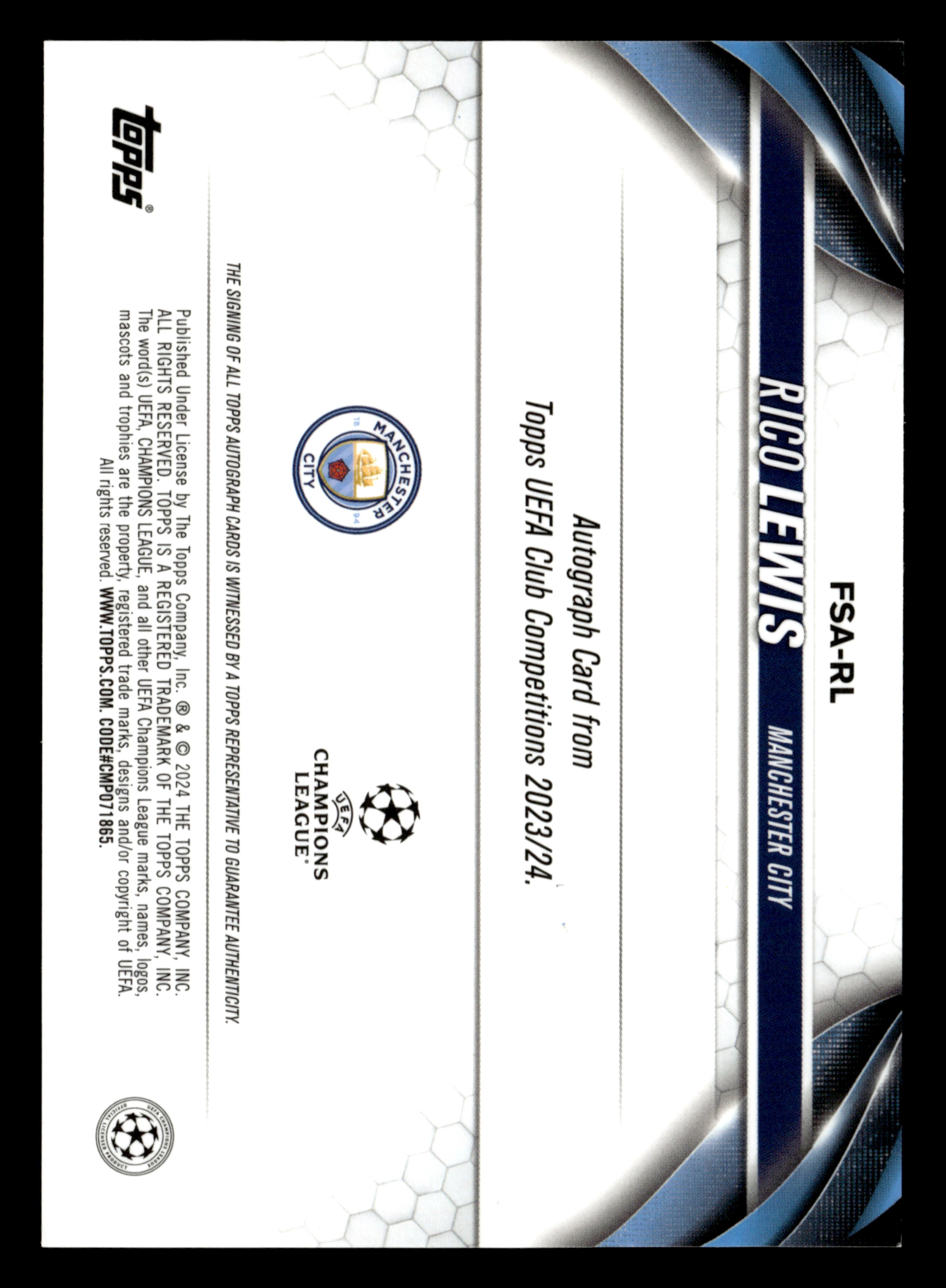 2023-24 Topps Chrome UEFA Club Competitions FSA-RL Rico Lewis Aqua Lava Auto