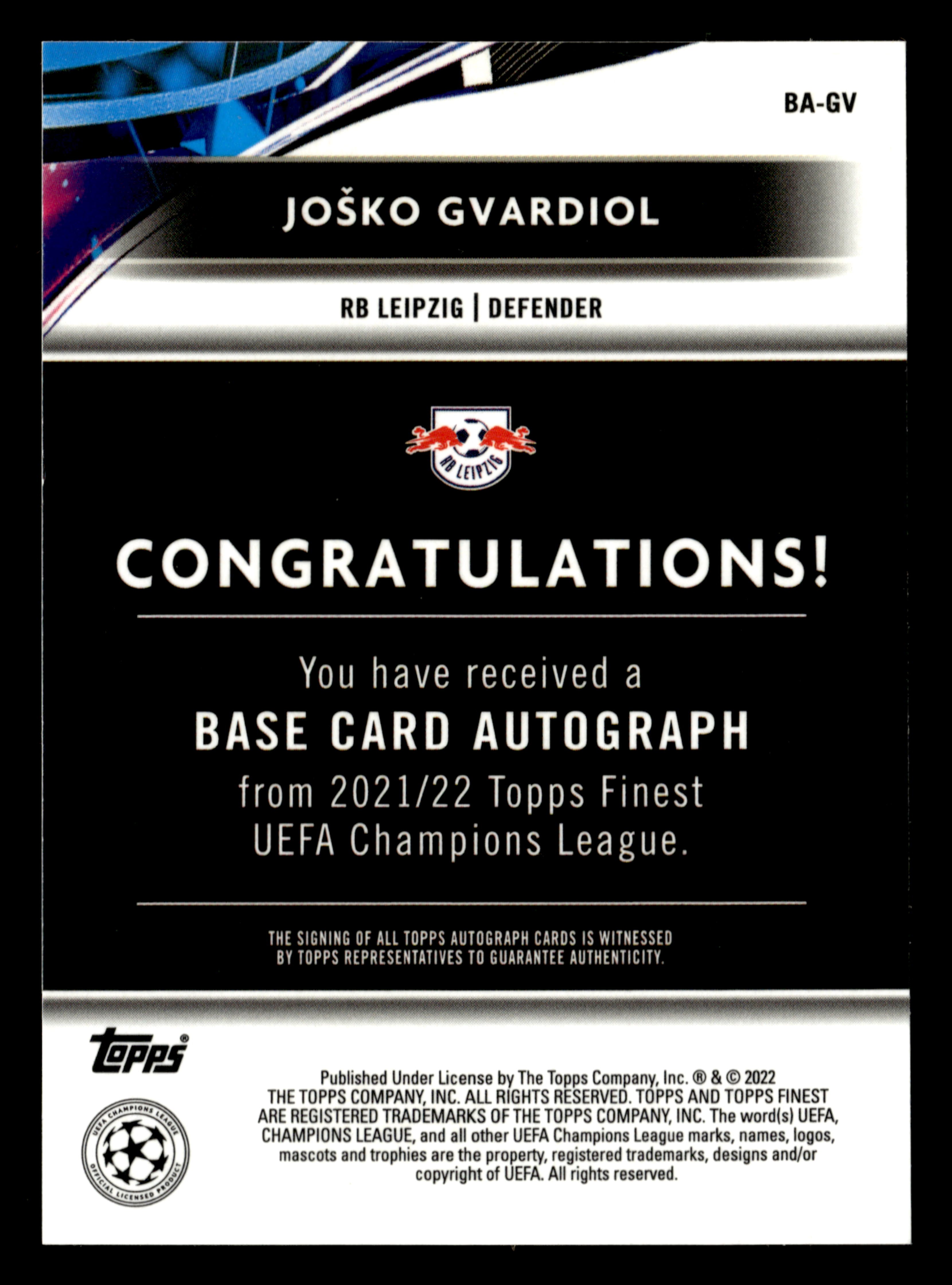 2021-22 Finest UEFA Champions League #BA-GV Joško Gvardiol Autograph