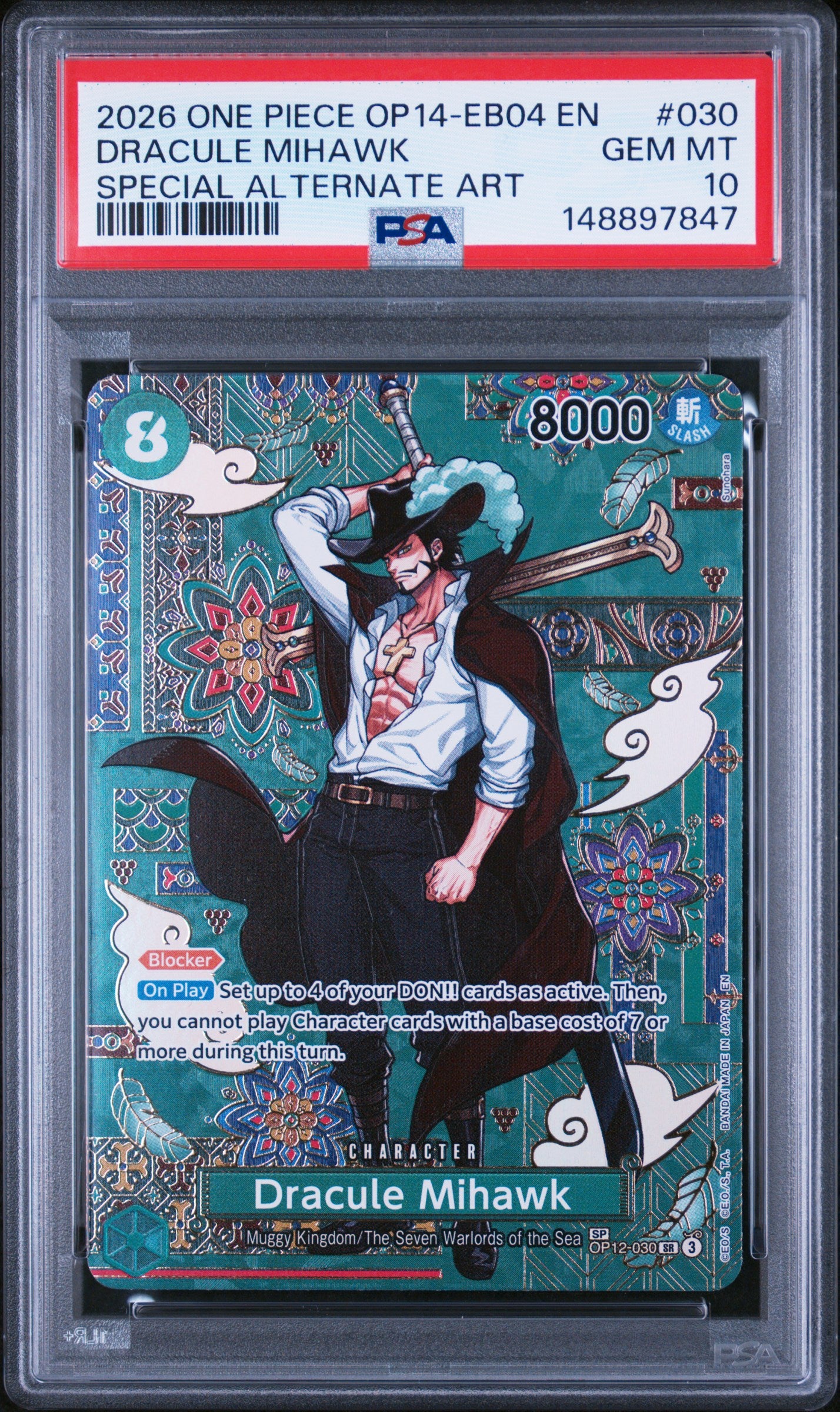 2026 One Piece Op14-Eb04 #030 Dracule Mihawk Special Alternate Art PSA 10