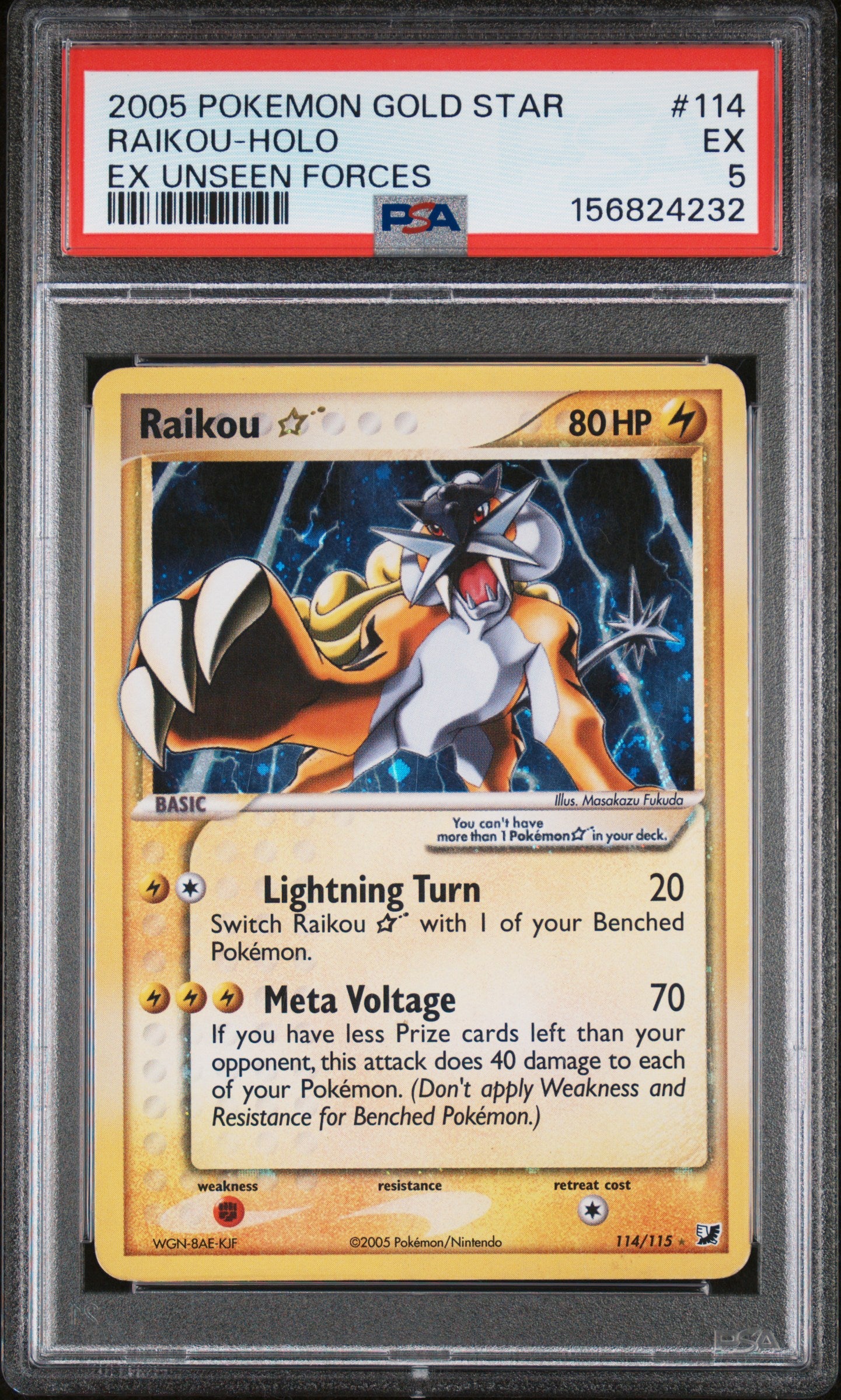2005 Pokemon Ex Unseen Forces 114/115 Raikou Holo Ex GOLD STAR PSA 5