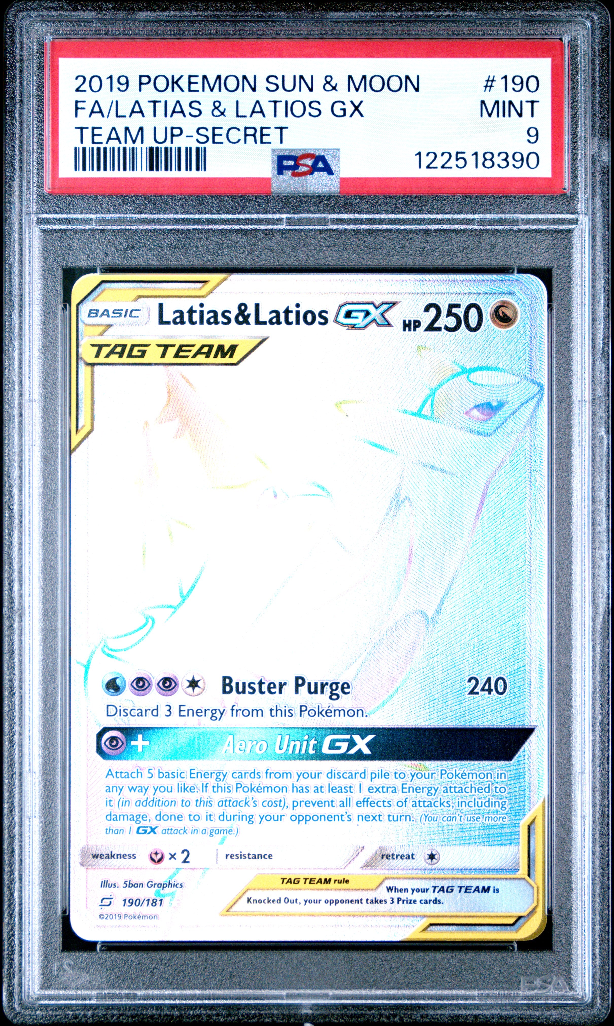 2019 Pokemon Sun & Moon Team Up #190 Fa/Latias & Latios Gx Secret PSA 9