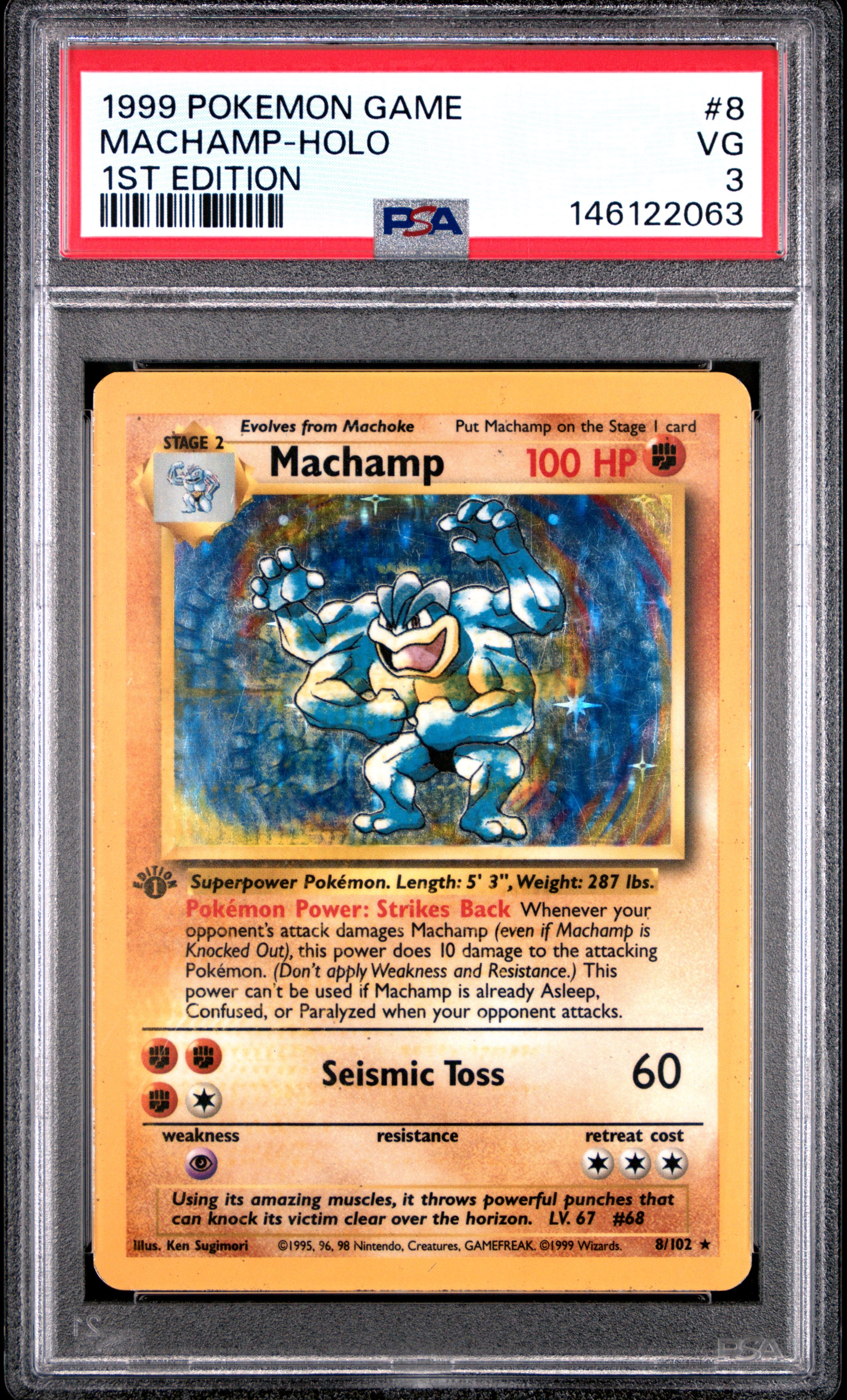 1999 Pokemon Game #8 Machamp-Holo 1st Edition PSA 3