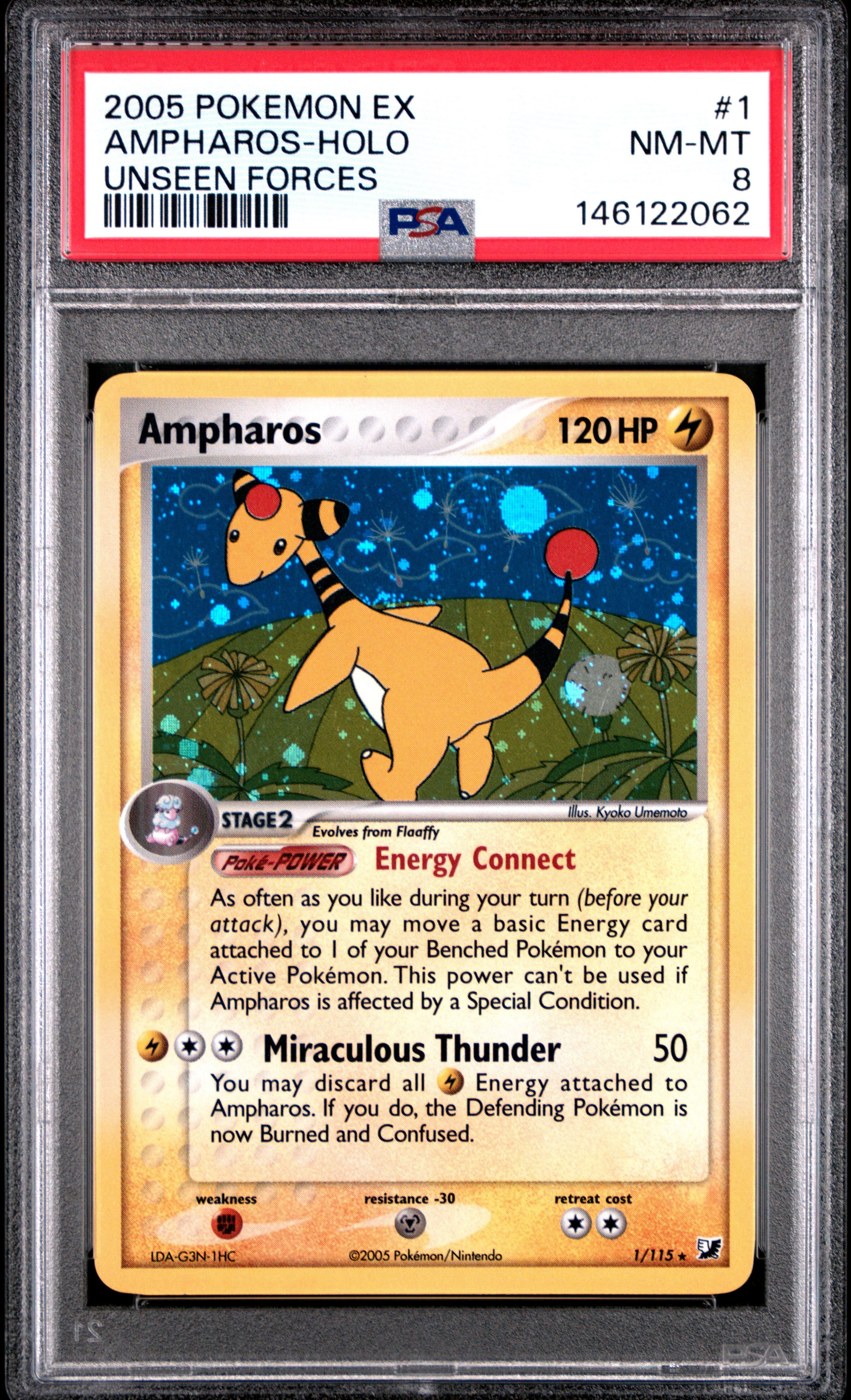 2005 Pokemon Ex Unseen Forces #1 Ampharos-Holo PSA 8