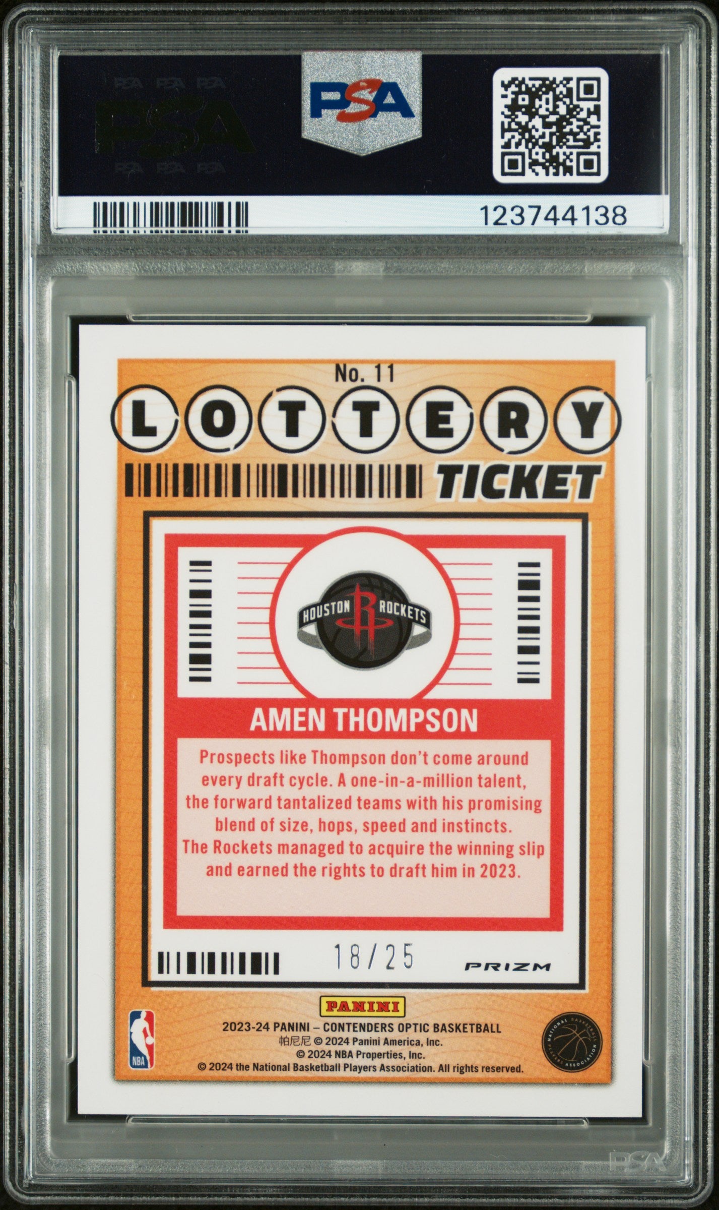2023 Contenders Optic #11 Amen Thompson Lottery Tkt-Green Pulsar /25 PSA 9