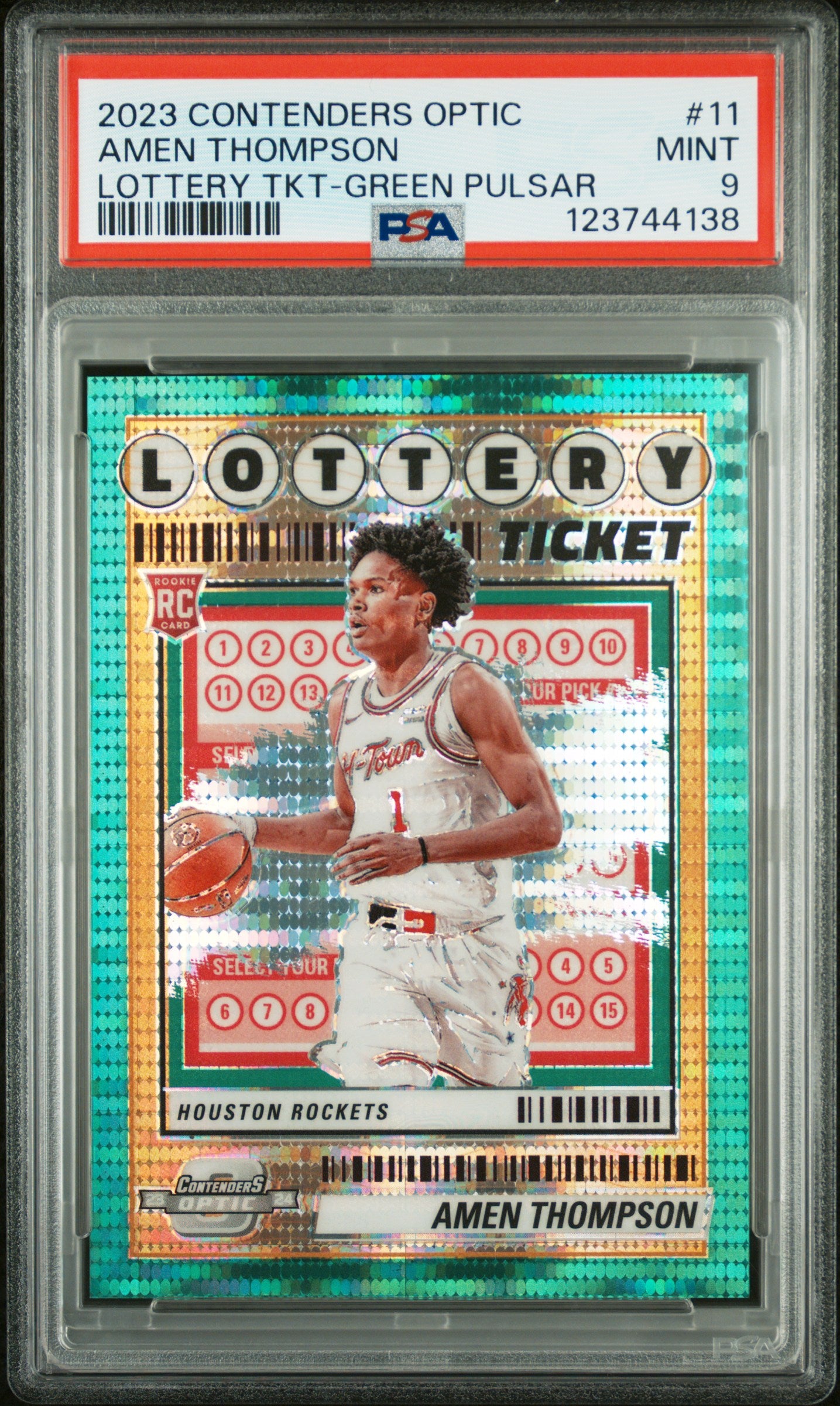 2023 Contenders Optic #11 Amen Thompson Lottery Tkt-Green Pulsar /25 PSA 9
