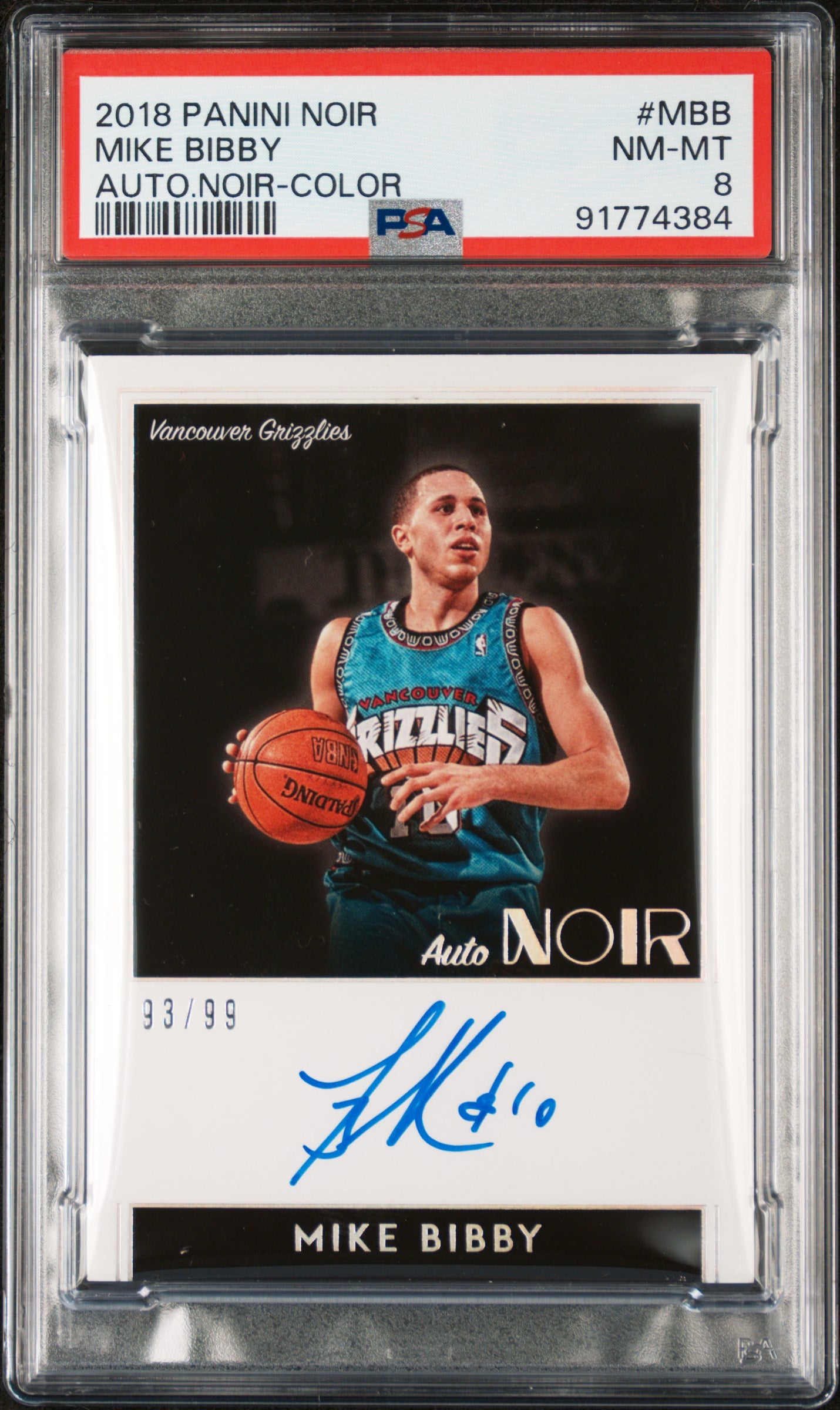 2018 Panini Noir Autograph Noir #MBB Mike Bibby Auto.Noir-Color PSA 8