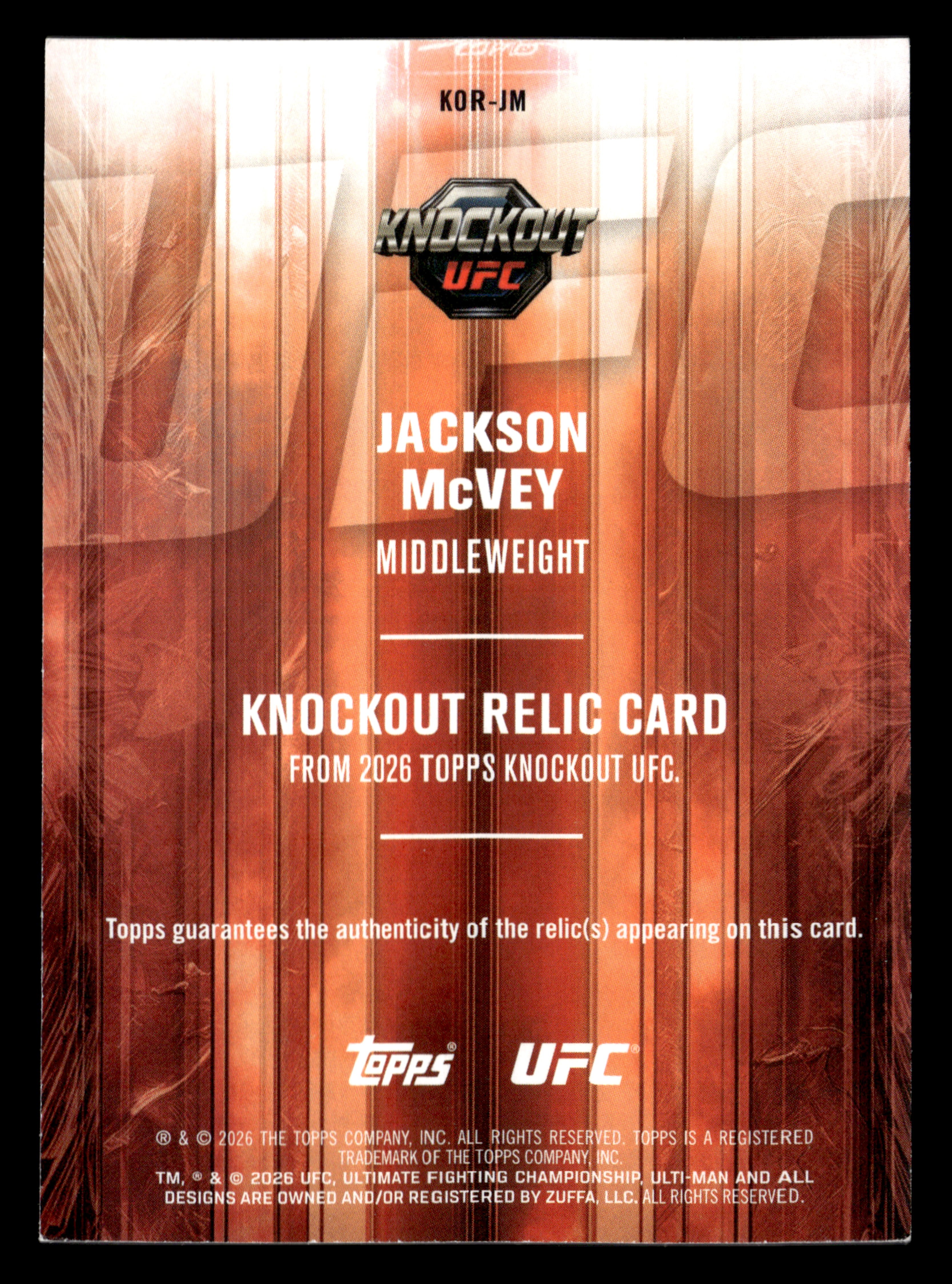 2026 Topps Knockout UFC #KOR-JM Jackson McVey Knockout Relics Red #/25