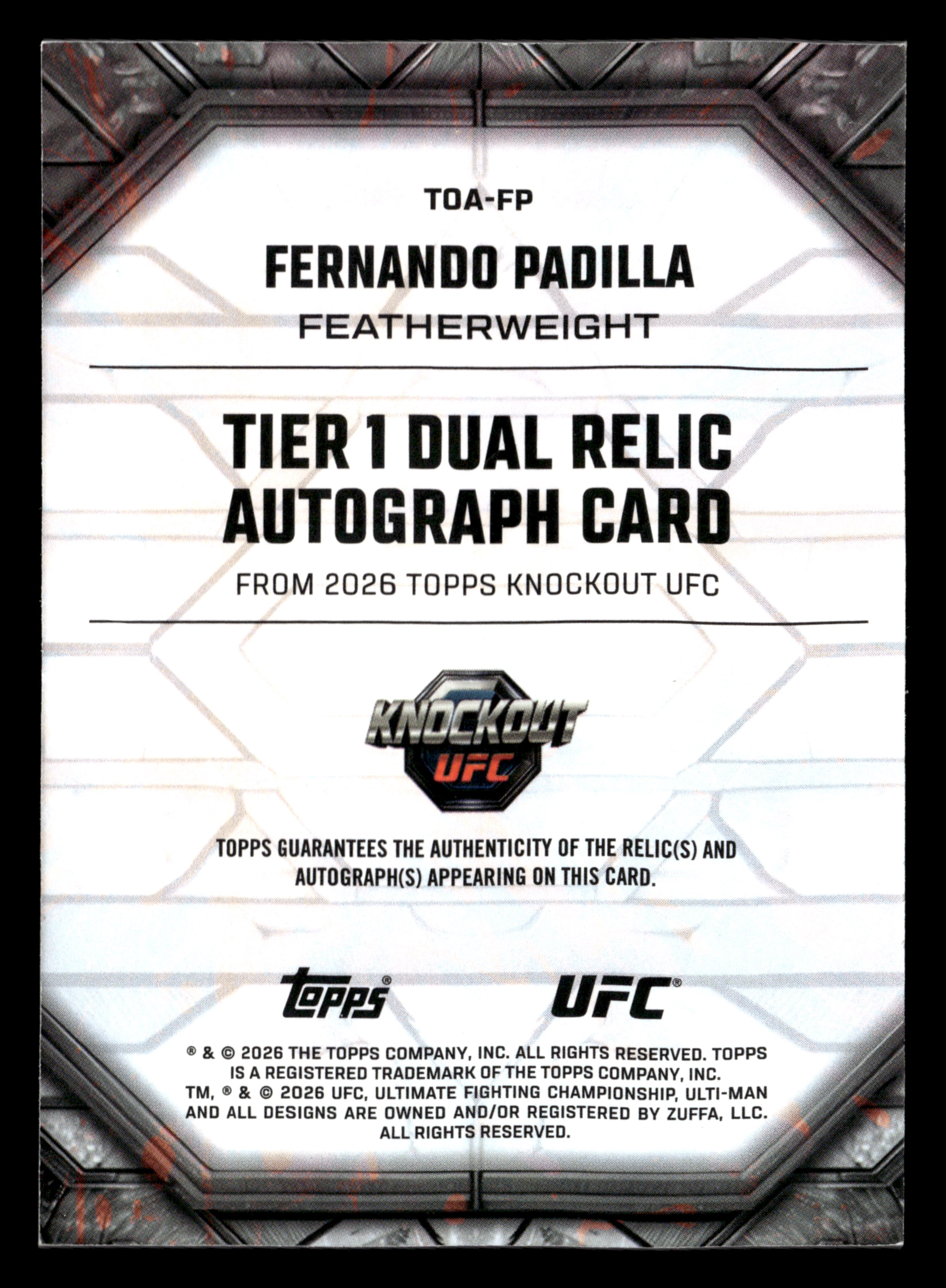 2026 Topps Knockout UFC #TOA-FP Fernando Padilla Tier 1 Dual Relic Auto Red #/25