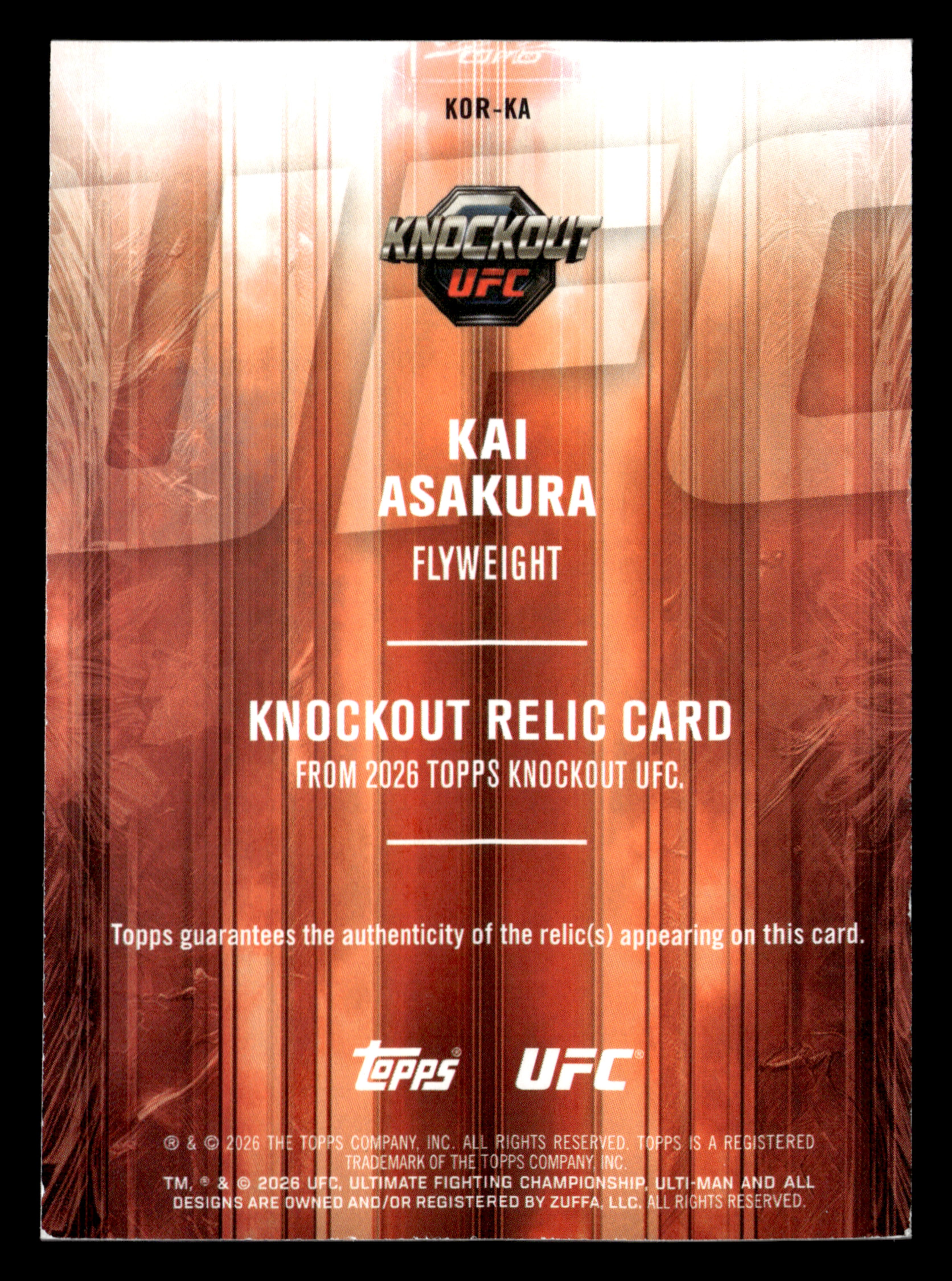 2026 Topps Knockout UFC #KOR-KA Kai Asakura Knockout Relics #/199