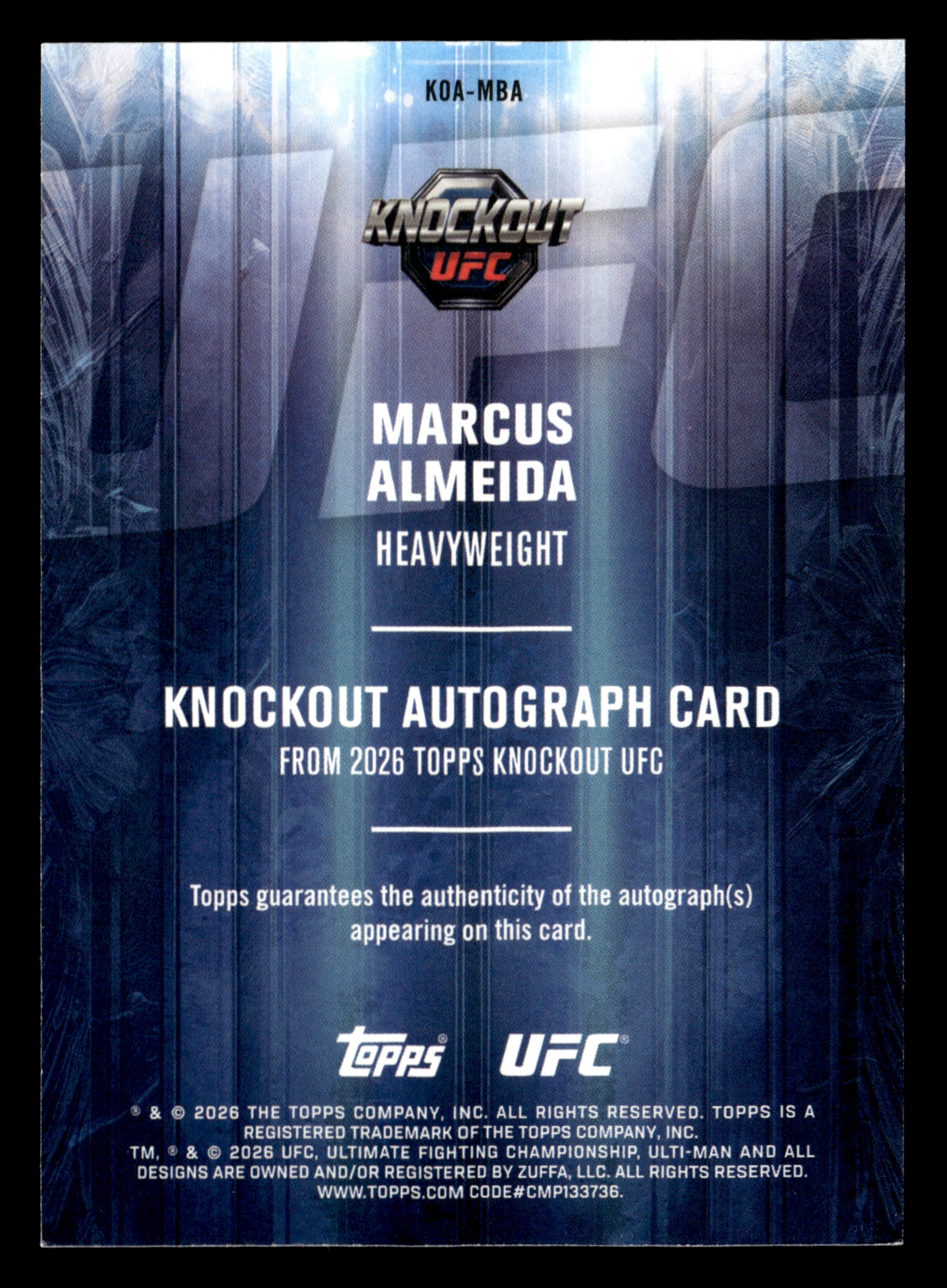 2026 Topps Knockout UFC #KOA-MBA Marcus Almeida Knockout Auto Lime Green #/99
