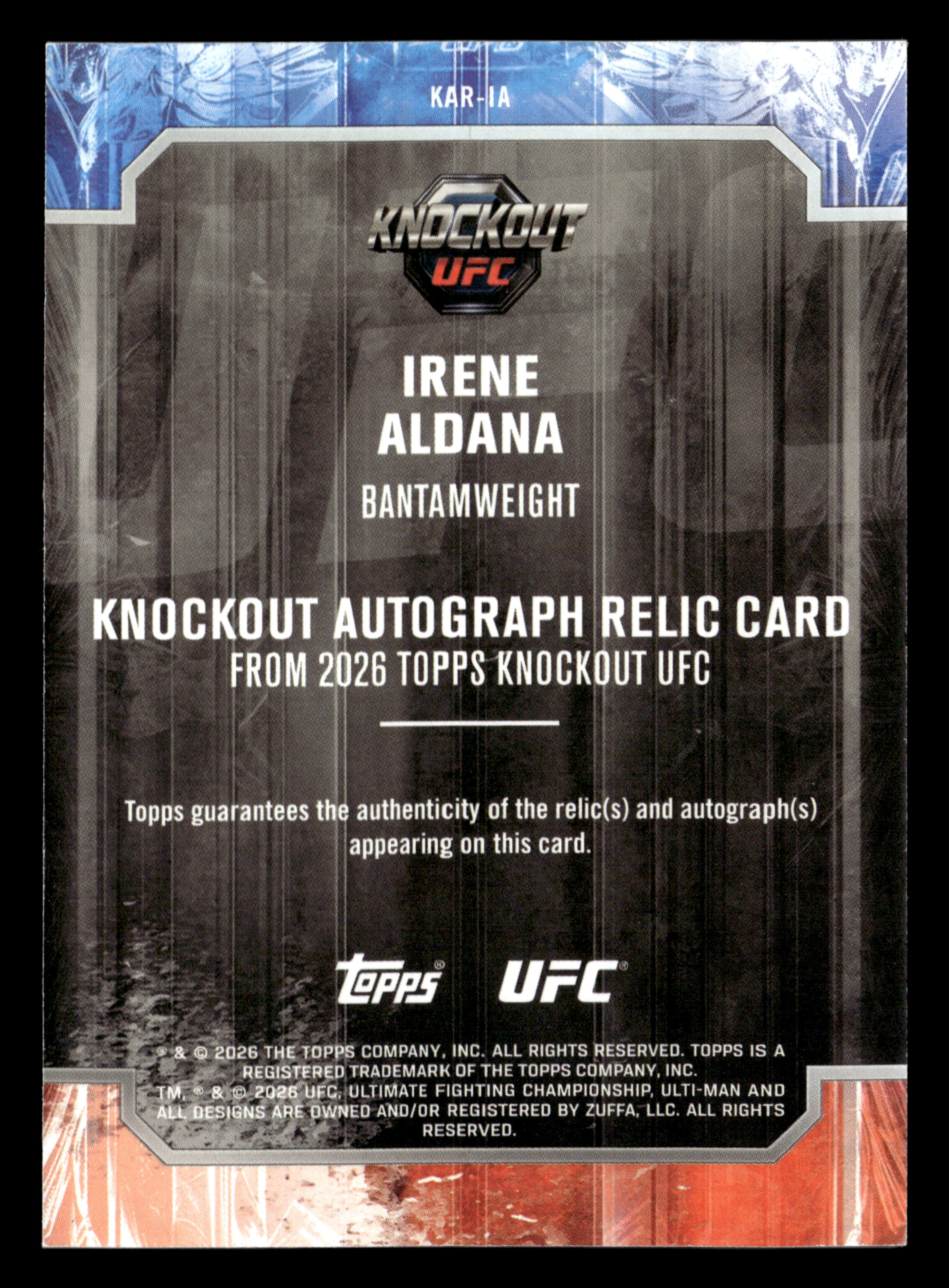 2026 Topps Knockout UFC #KAR-IA Irene Aldana Knockout Autograph Relics #/299