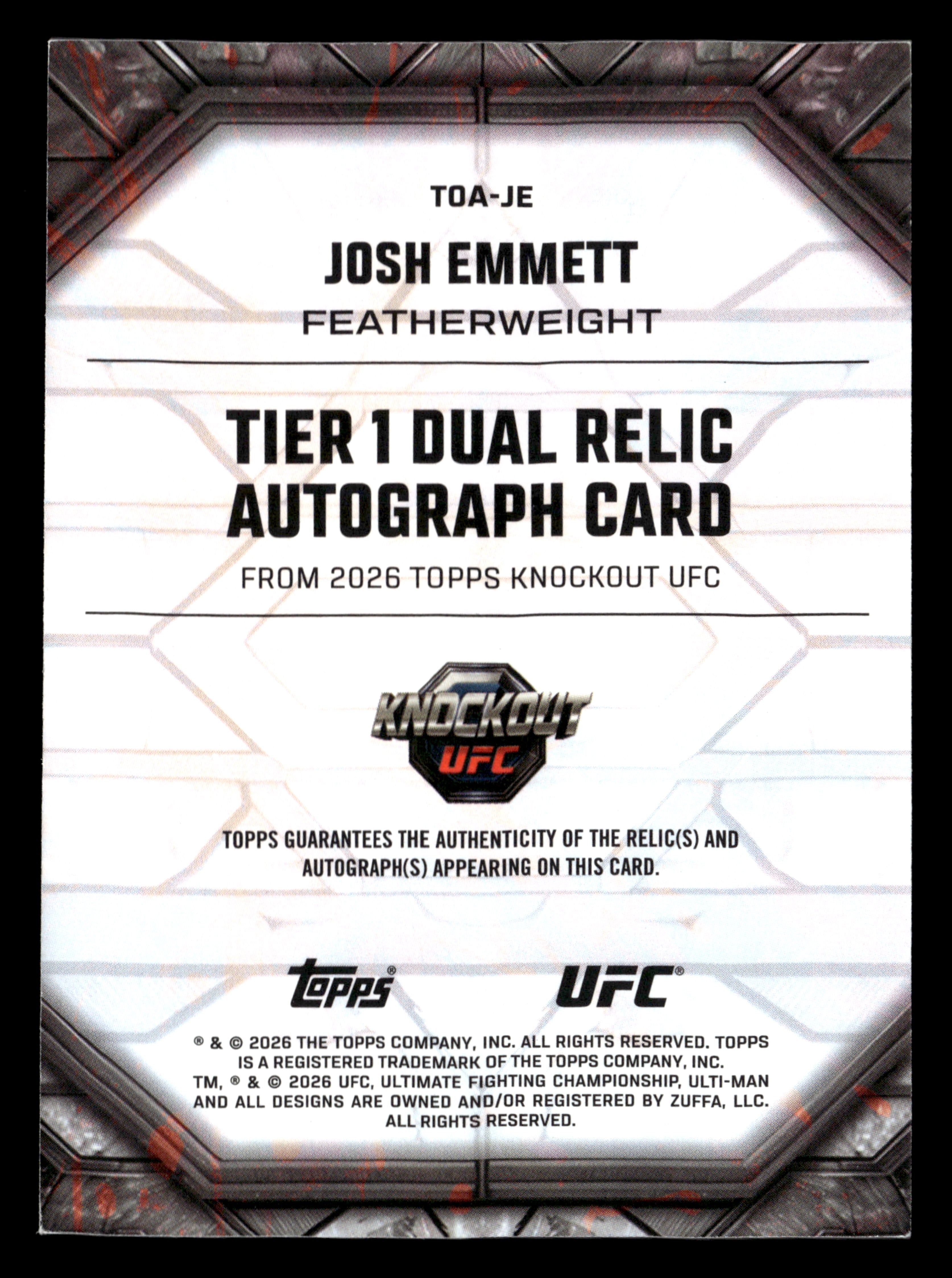 2026 Topps Knockout UFC #TOA-JE Josh Emmett Tier 1 Dual Relic Auto #/99
