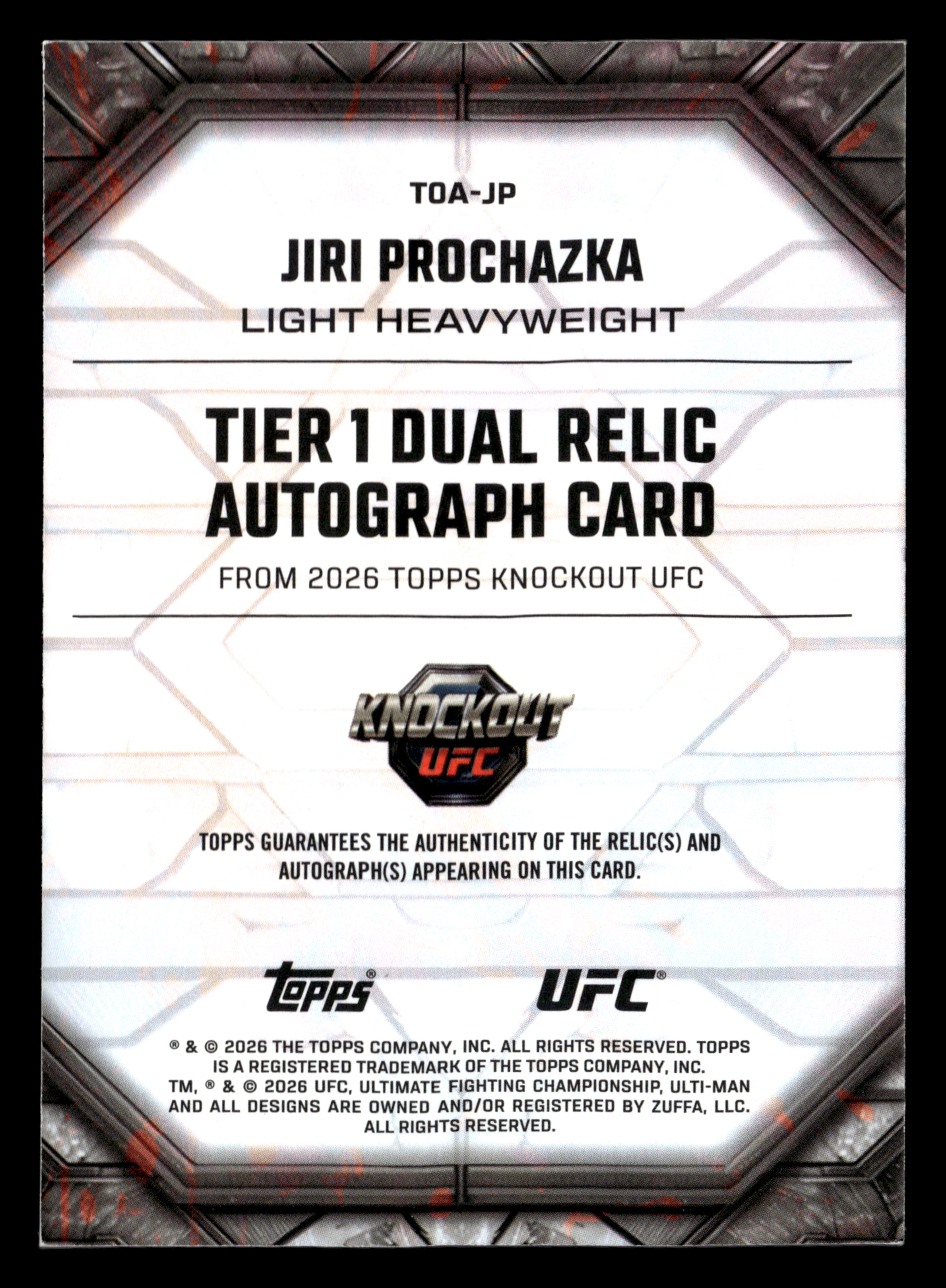 2026 Topps Knockout UFC #TOA-JP Jiri Prochazka Tier 1 Dual Relic Auto #/299